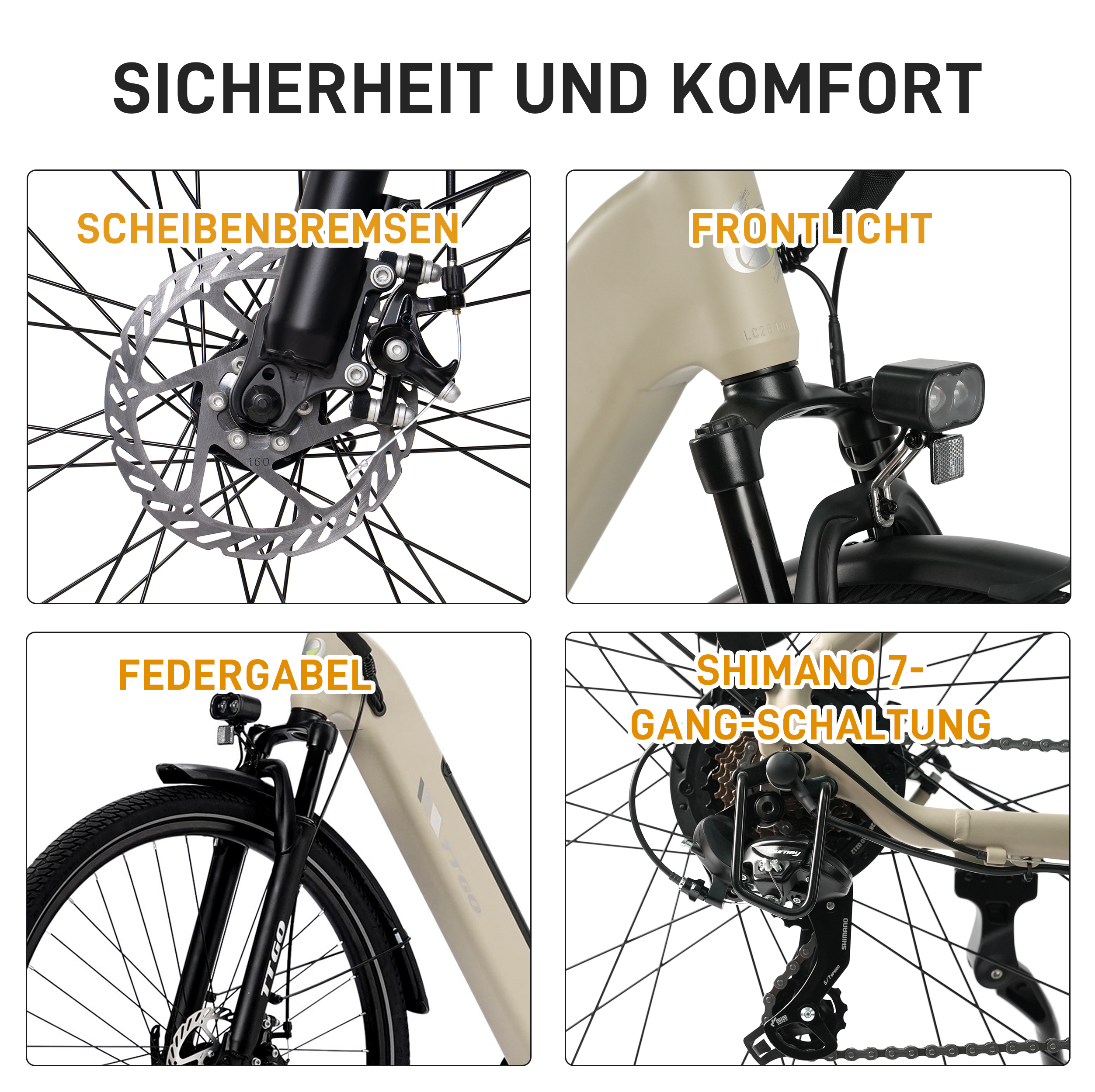 Vier Detailaufnahmen eines Fahrrads: Scheibenbremse, Frontlicht, Federgabel und Schaltung.