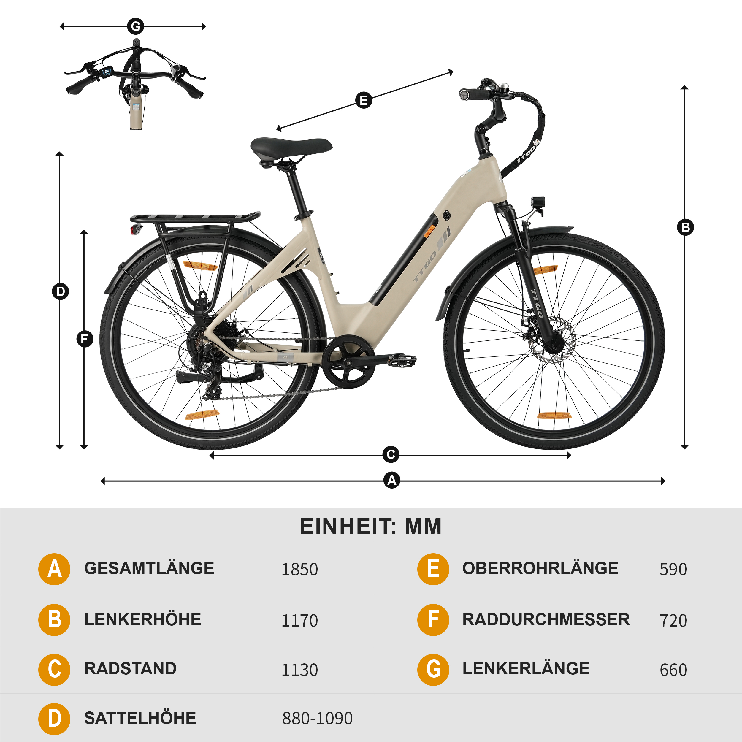 Ein beiges E-Bike mit Maßangaben und Tabelle.