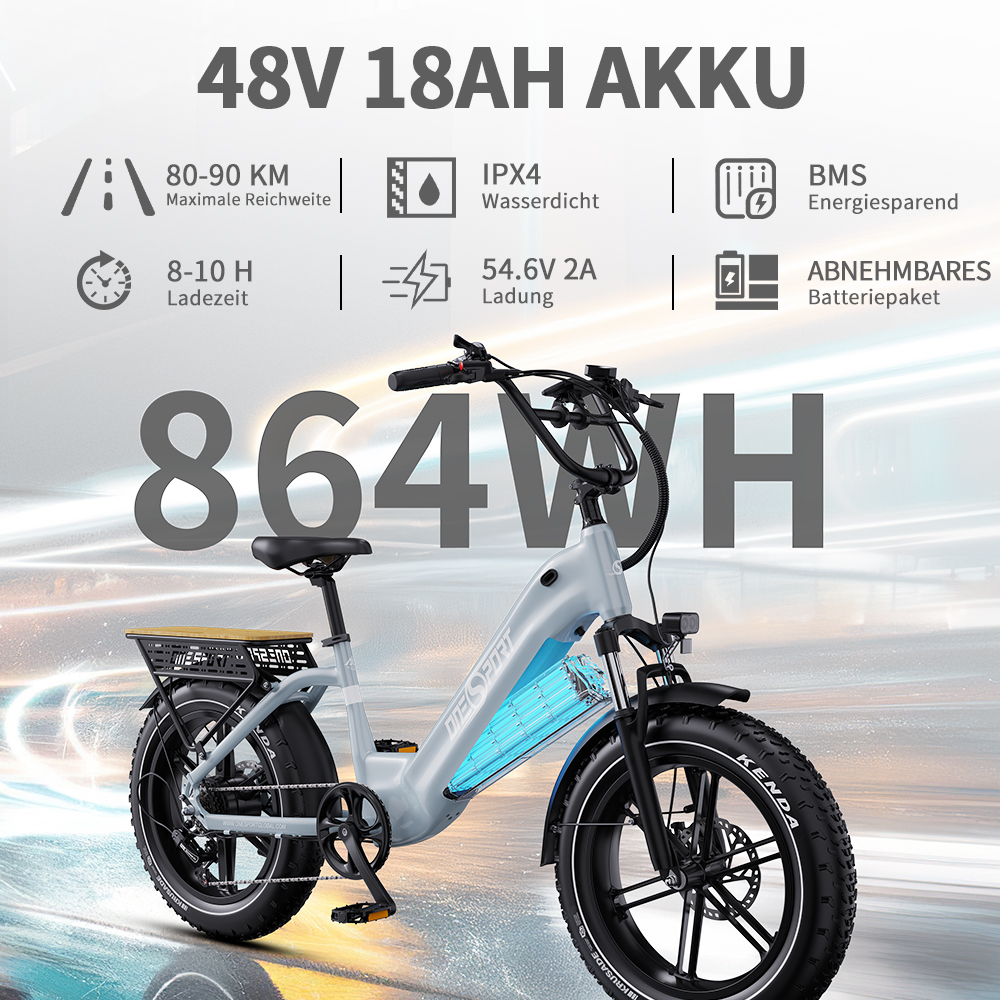 Hellblaues E-Bike mit "864WH"-Text. Mit 48V 18AH Akku, 80-90 km Reichweite.