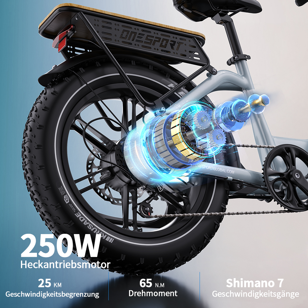Detailansicht eines E-Bike-Motors mit 250W Leistung, 65 Nm Drehmoment und 7 Gängen.