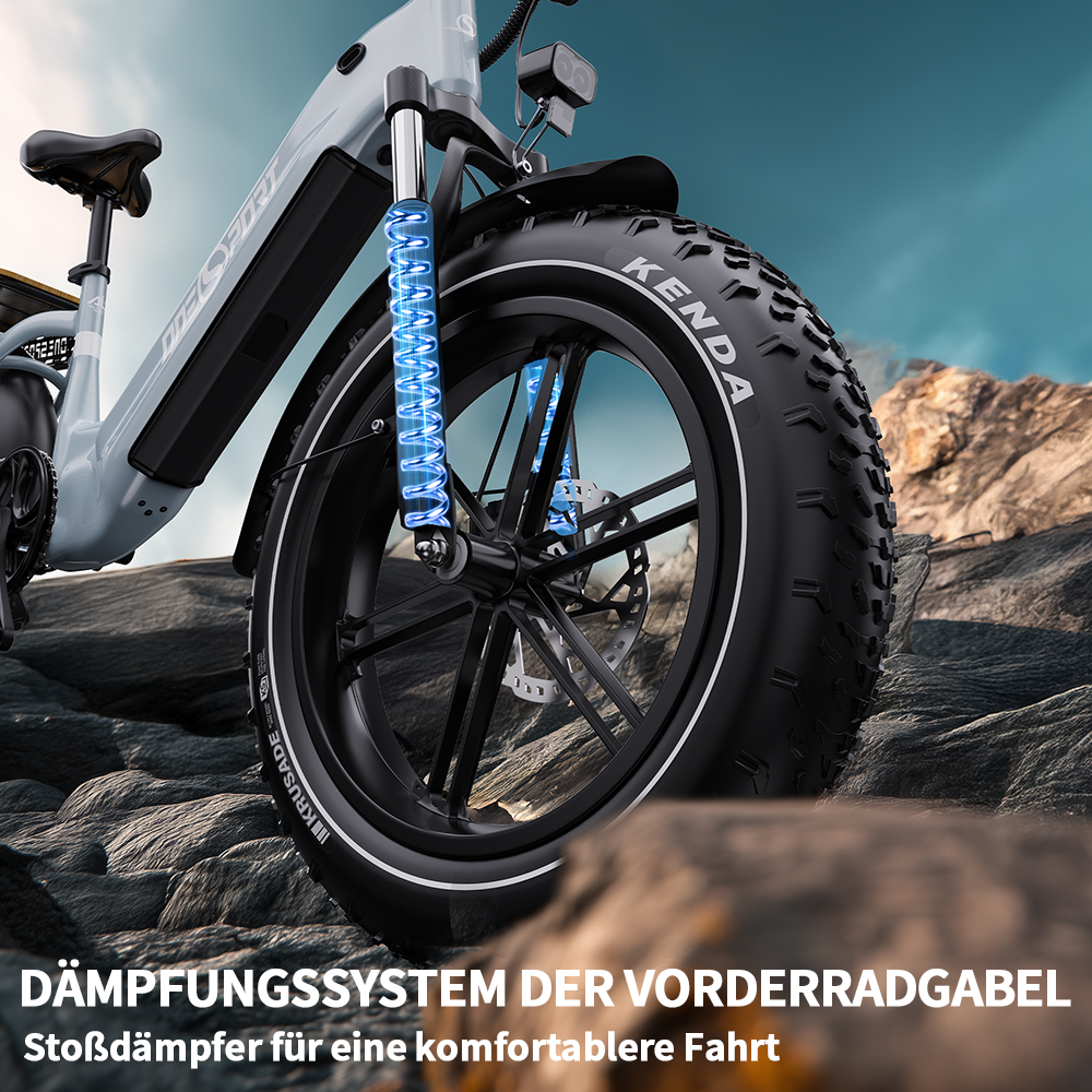 Detailansicht einer hellgrauen E-Bike-Vorderradgabel mit blauen Federn, auf felsigem Untergrund.