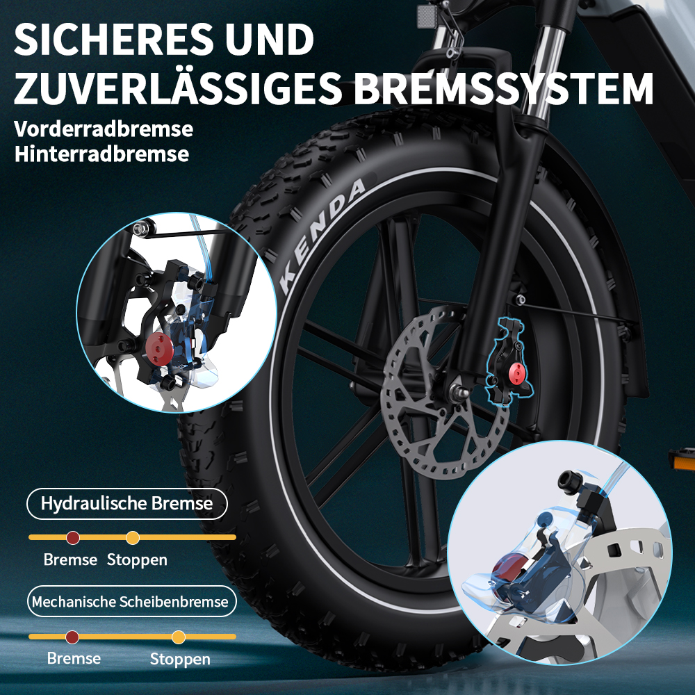 Nahaufnahme eines Fahrrads mit Fokus auf das Bremssystem. Zeigt hydraulische und mechanische Scheibenbremsen.