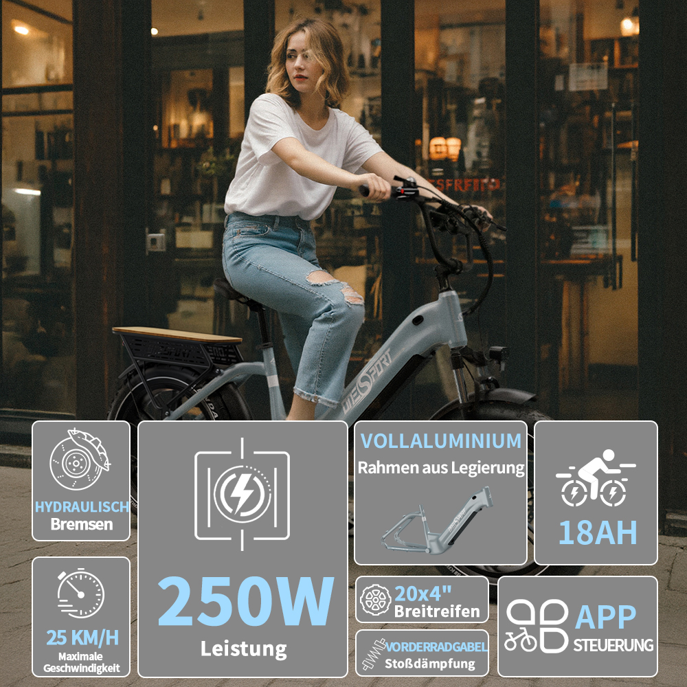 Eine Frau fährt ein blaues E-Bike mit 250W Leistung, hydraulischen Bremsen und 20x4 Zoll Reifen.