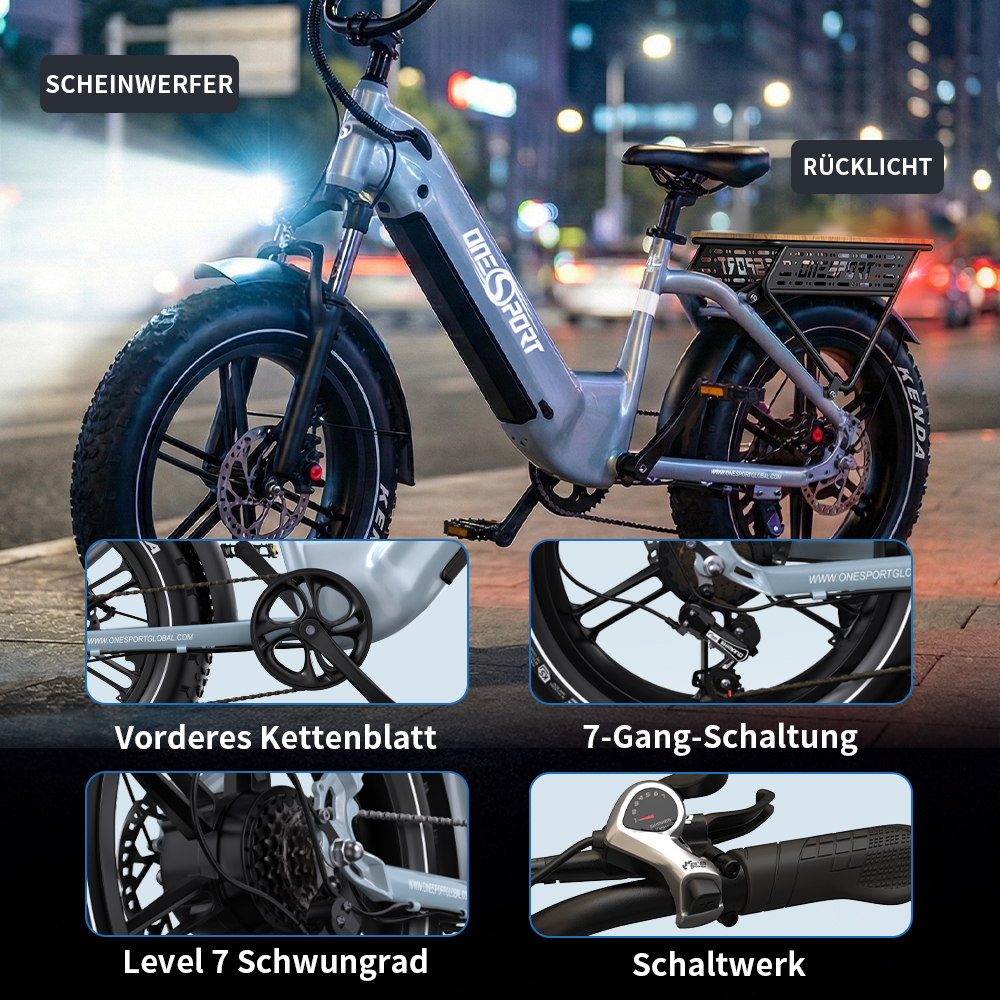 Graues E-Bike mit Detailaufnahmen der Komponenten und nächtlichem Stadthintergrund.
