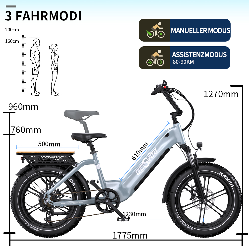 Graues E-Bike mit Maßangaben und Fahrmodi-Symbolen.