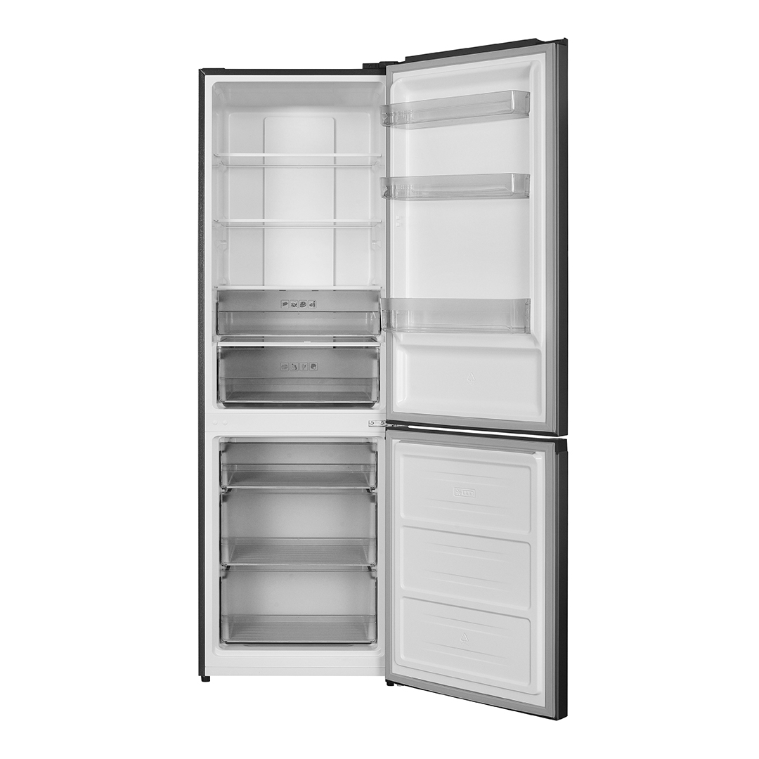 Un refrigerador vacío y abierto con múltiples estantes y cajones.