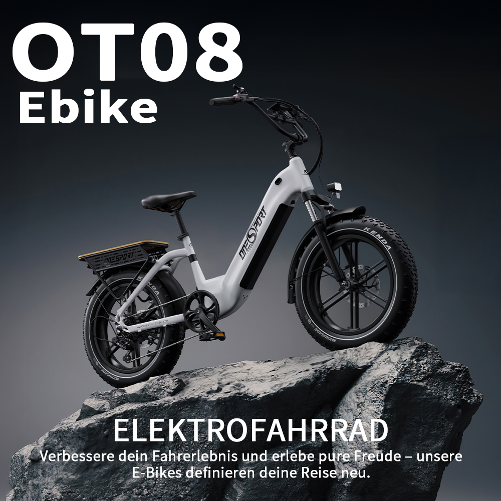 Ein weißes OT08 Ebike mit dicken Reifen ruht auf Felsen, mit Text 