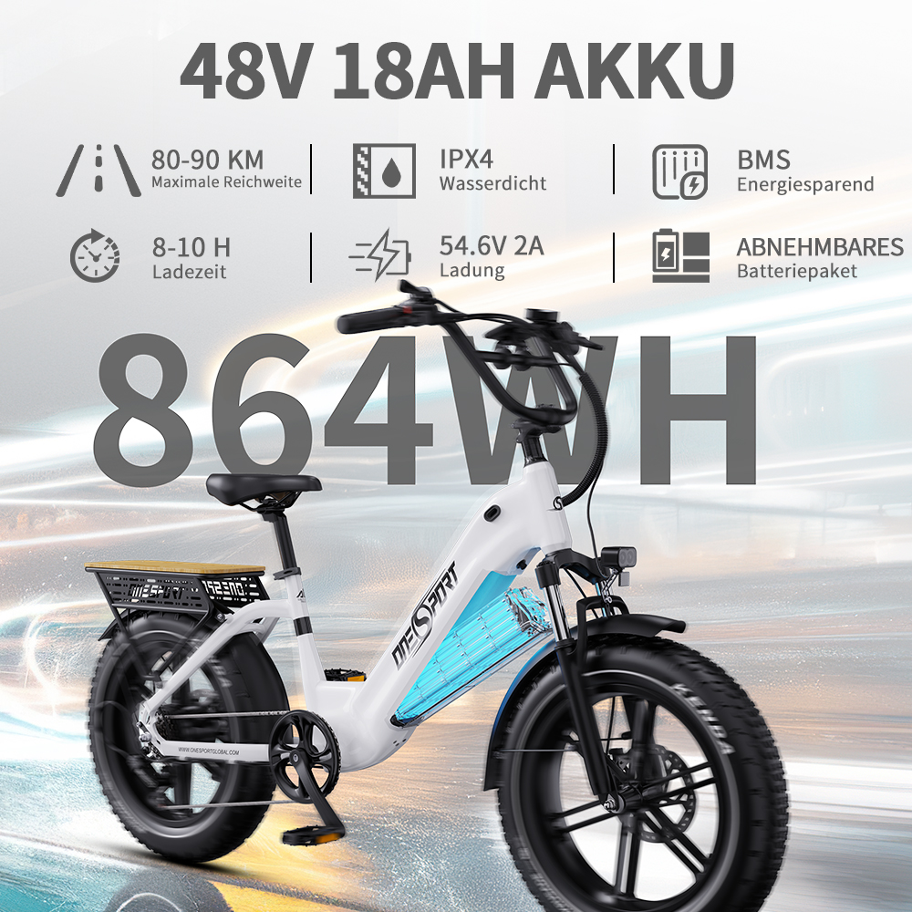Ein weißes E-Bike mit 48V 18AH AKKU, 864WH, Reichweite 80-90KM, IPX4, Ladezeit 8-10H.