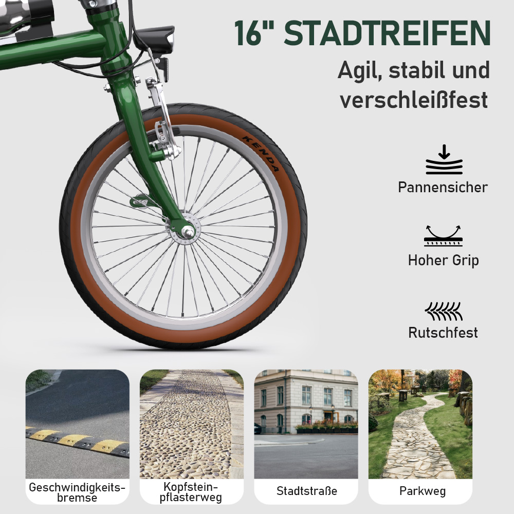 Ein grüner Fahrradreifen mit brauner Lauffläche auf einem grauen Hintergrund.