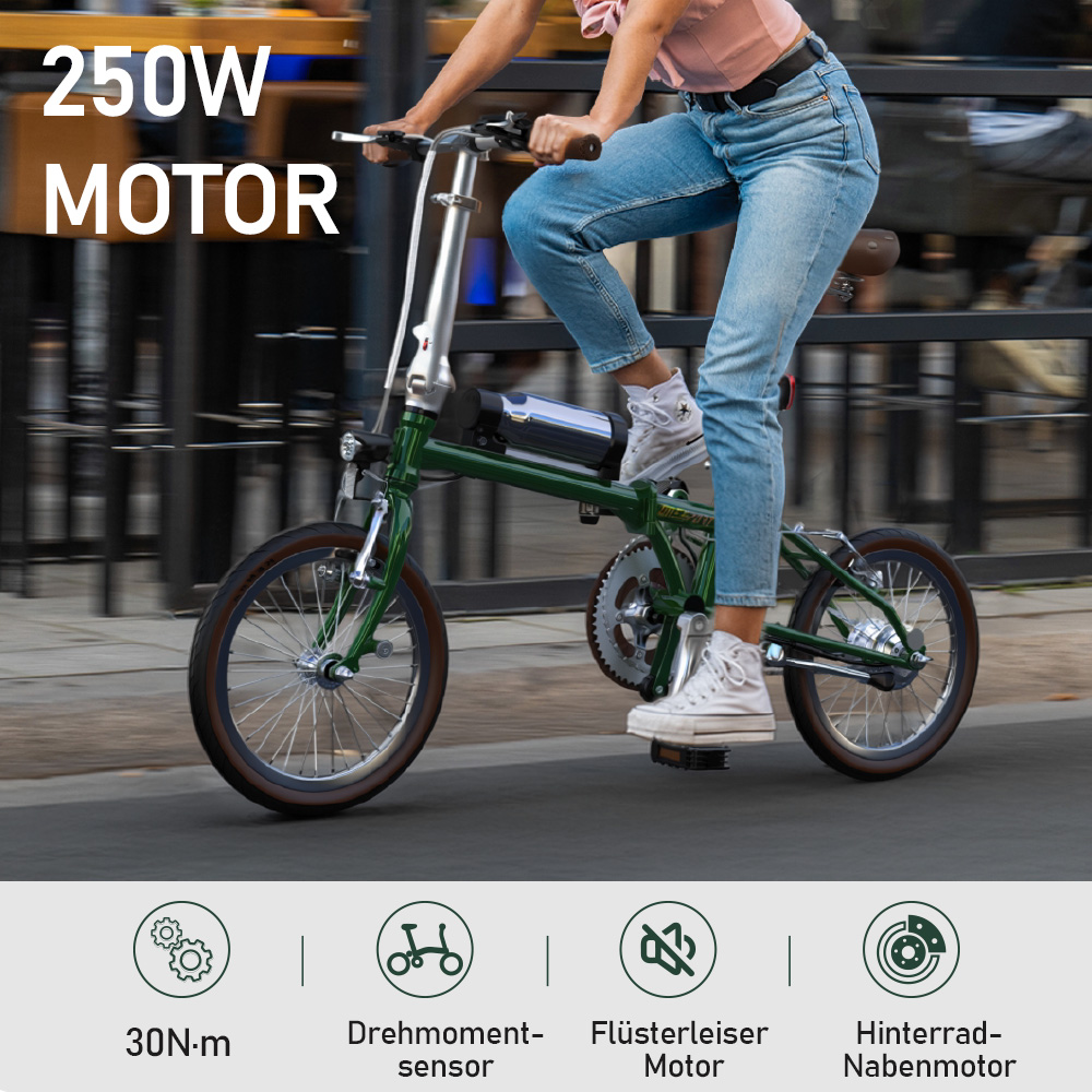 Eine Person fährt ein grünes E-Bike mit 250W Motor auf der Straße.
