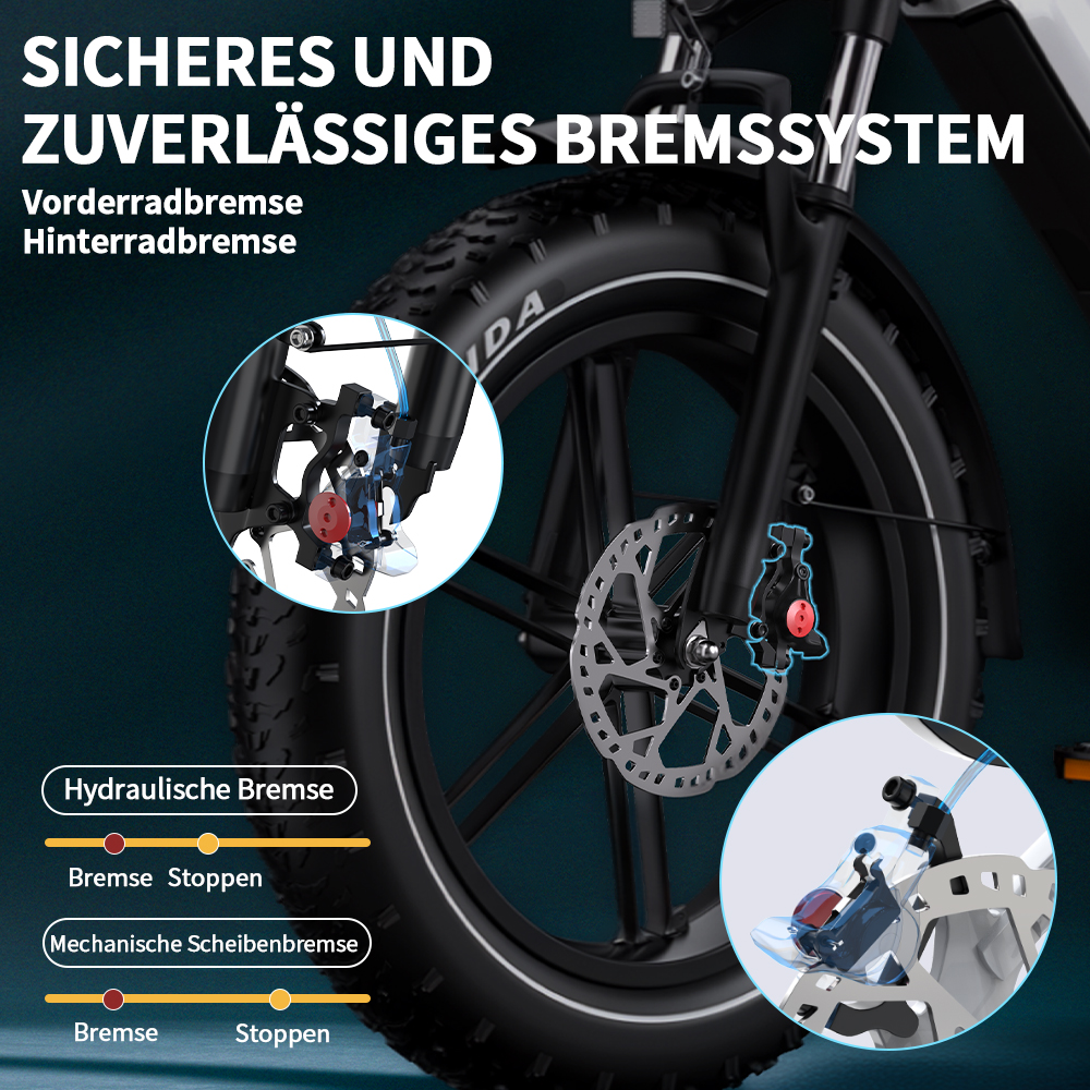 Fahrradbremssystem: Hydraulische und mechanische Scheibenbremsen vorne und hinten.