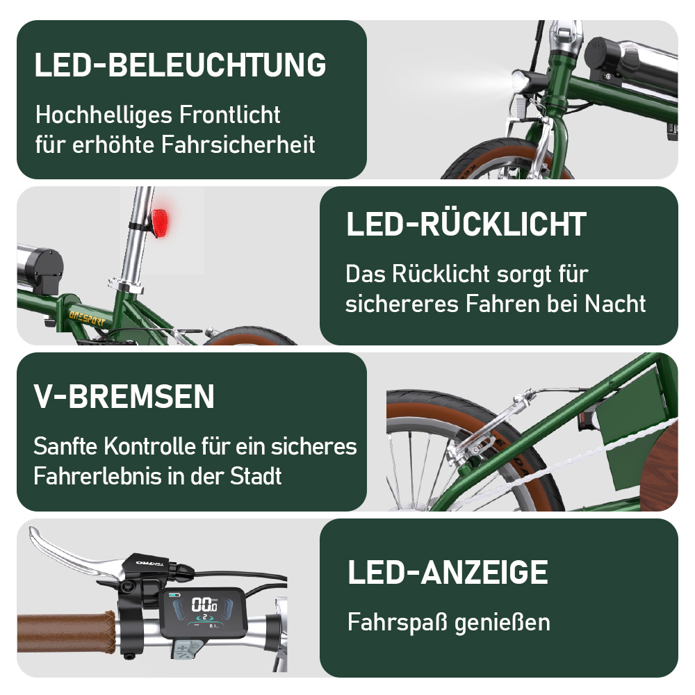 E-Bike mit LED-Beleuchtung, V-Bremsen, Rücklicht und Display.