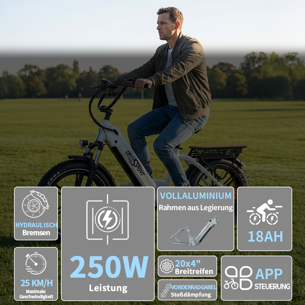 Mann fährt E-Bike mit 250W, 18AH, 25 km/h, hydraulischen Bremsen.