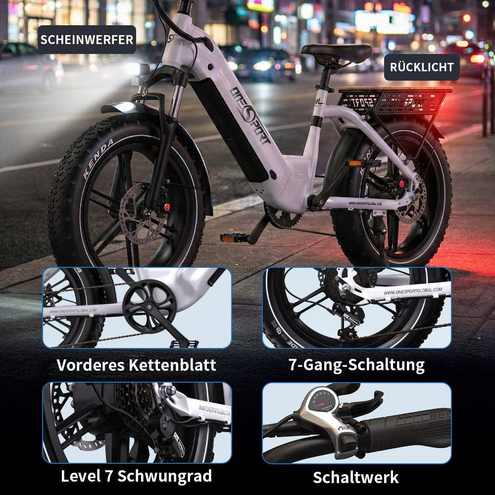 Ein weißes E-Bike mit vier Detailaufnahmen: Scheinwerfer, Rücklicht, Kettenblatt, Schaltung.