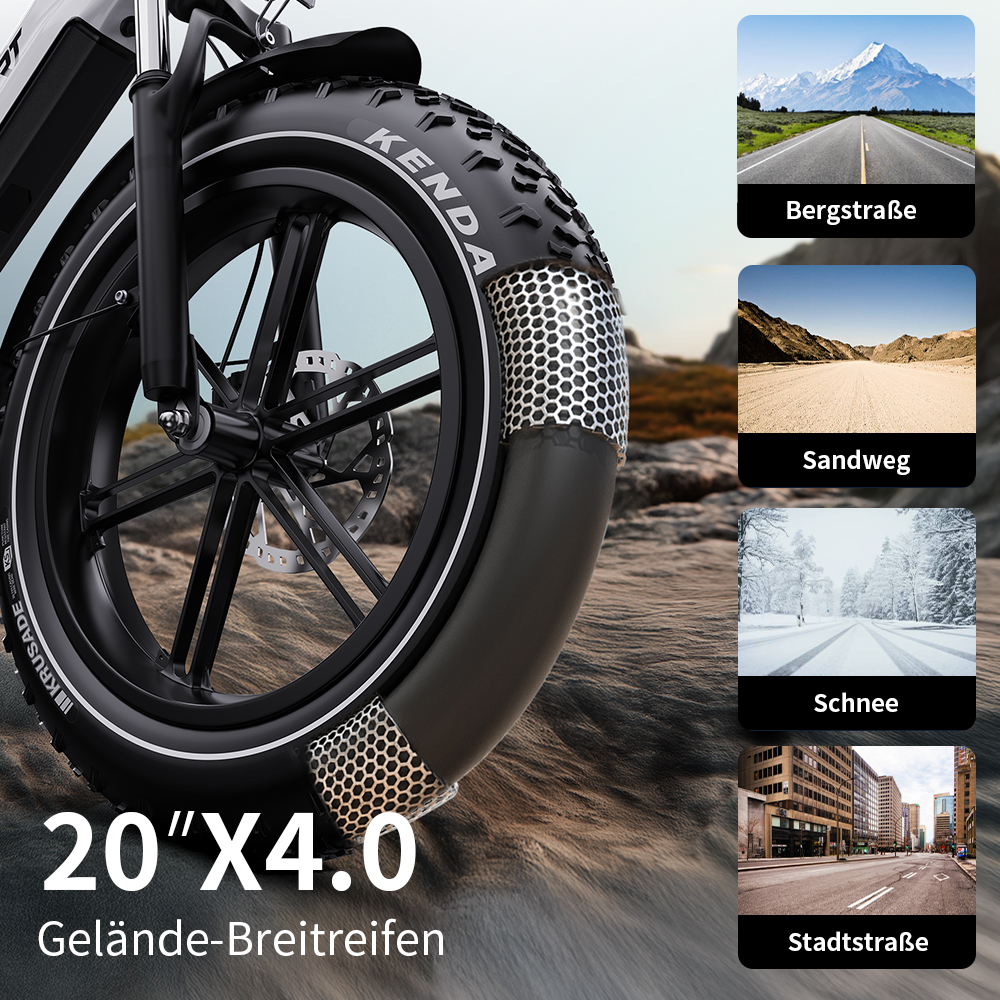 Detailansicht eines 20x4.0 Reifen mit verschiedenen Untergründen daneben.