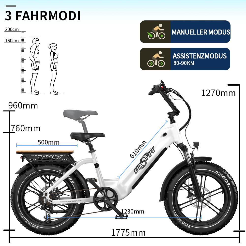 Technische Zeichnung eines weißen E-Bikes mit Maßen und Fahrmodi.