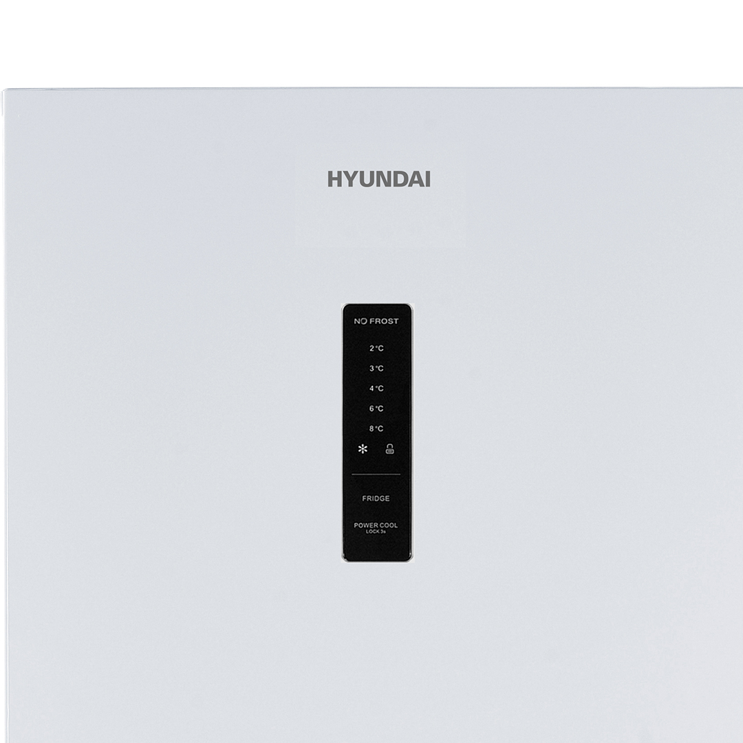 Puerta blanca de refrigerador con logo HYUNDAI y pantalla digital temp.