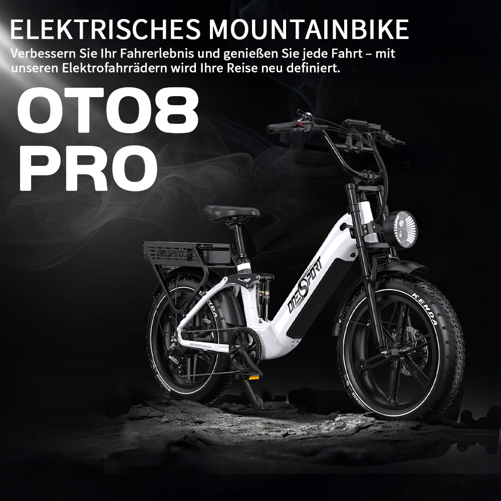 Ein weißes Elektro-Mountainbike mit breiten Reifen und Gepäckträger.
