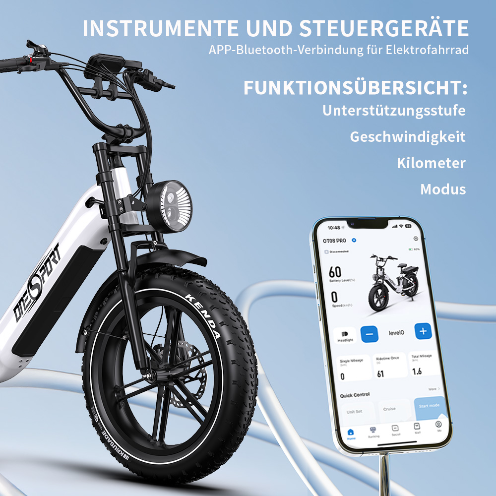 Ein weißes E-Bike mit dicken Reifen und ein Smartphone, das seine App zeigt.