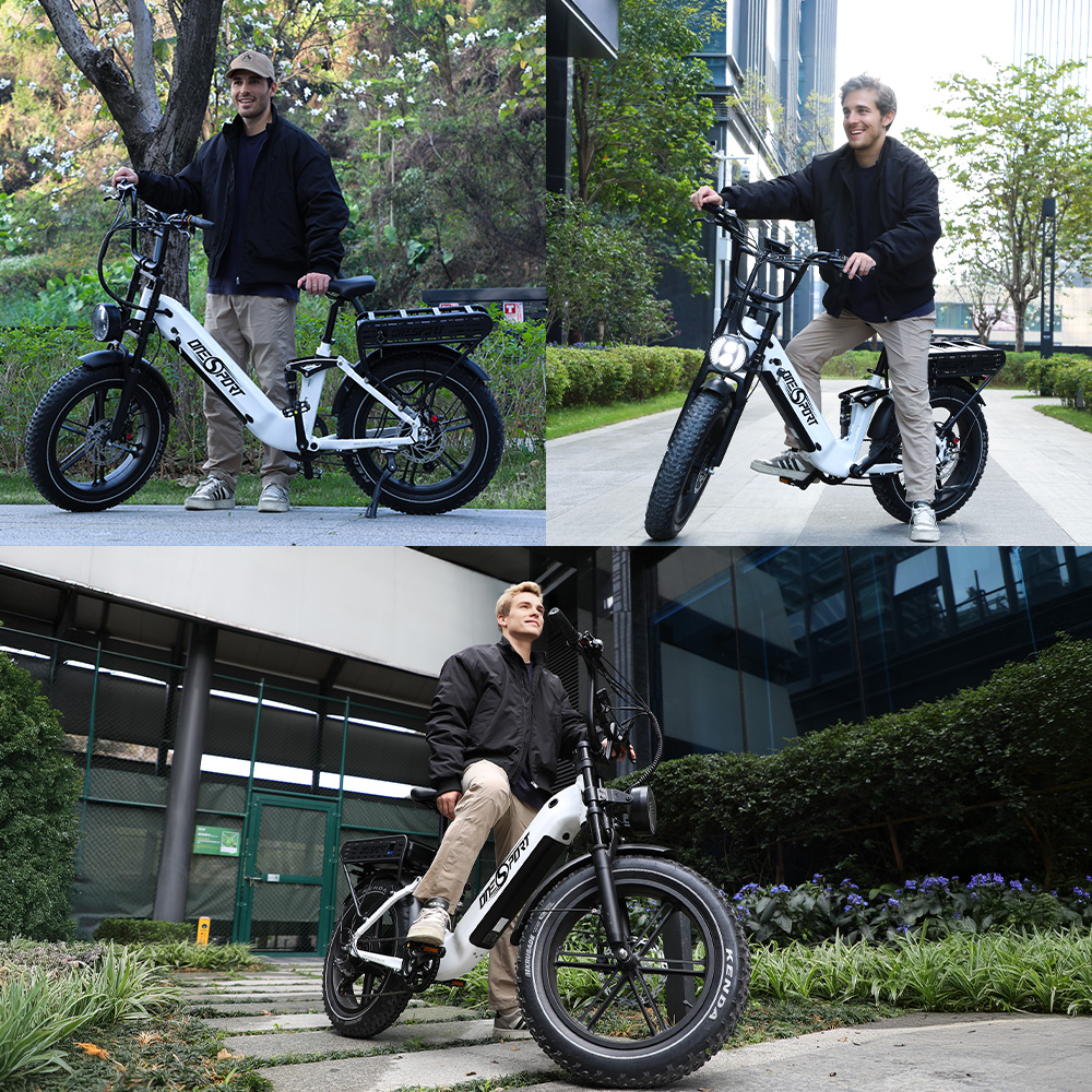 Mann mit weißem E-Bike im Freien, verschiedene Szenen.