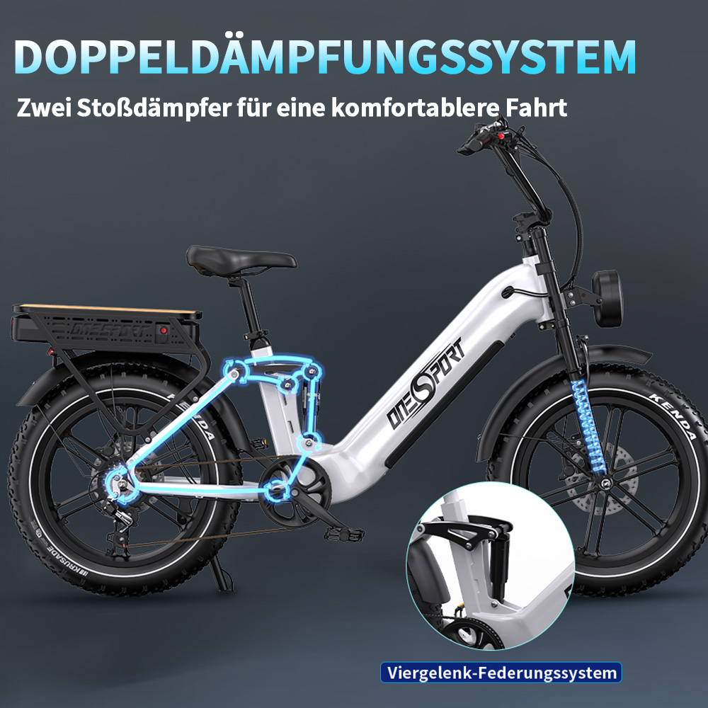 Ein weißes Elektrofahrrad mit schwarzen Reifen und einer Detailansicht seines Federungssystems, das die doppelten Stoßdämpfer hervorhebt.