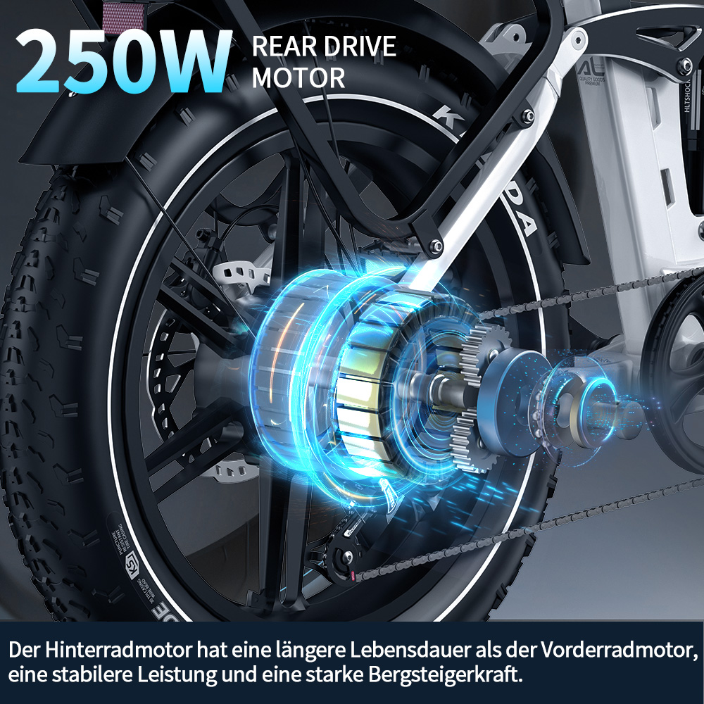 Nahaufnahme eines 250W Hinterradnabenmotors mit leuchtenden blauen Akzenten.