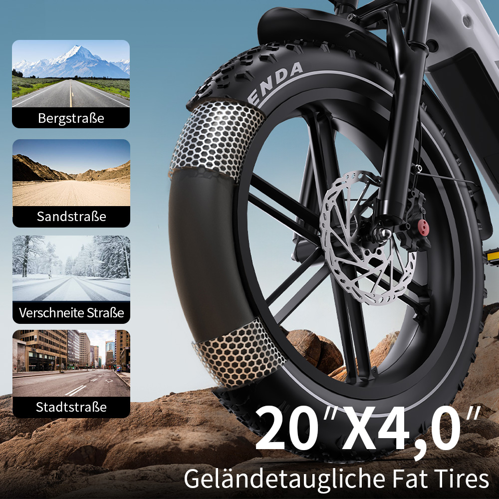 Ein E-Bike-Reifen mit Ketten für verschiedene Terrains: Berg, Sand, Schnee, Stadt.