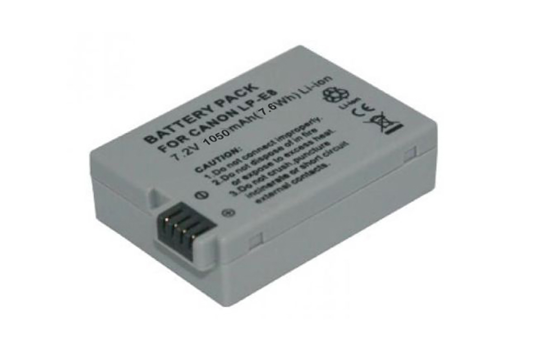 Grauer Akku für Canon LP-E8 mit Beschriftung und Kontakten.