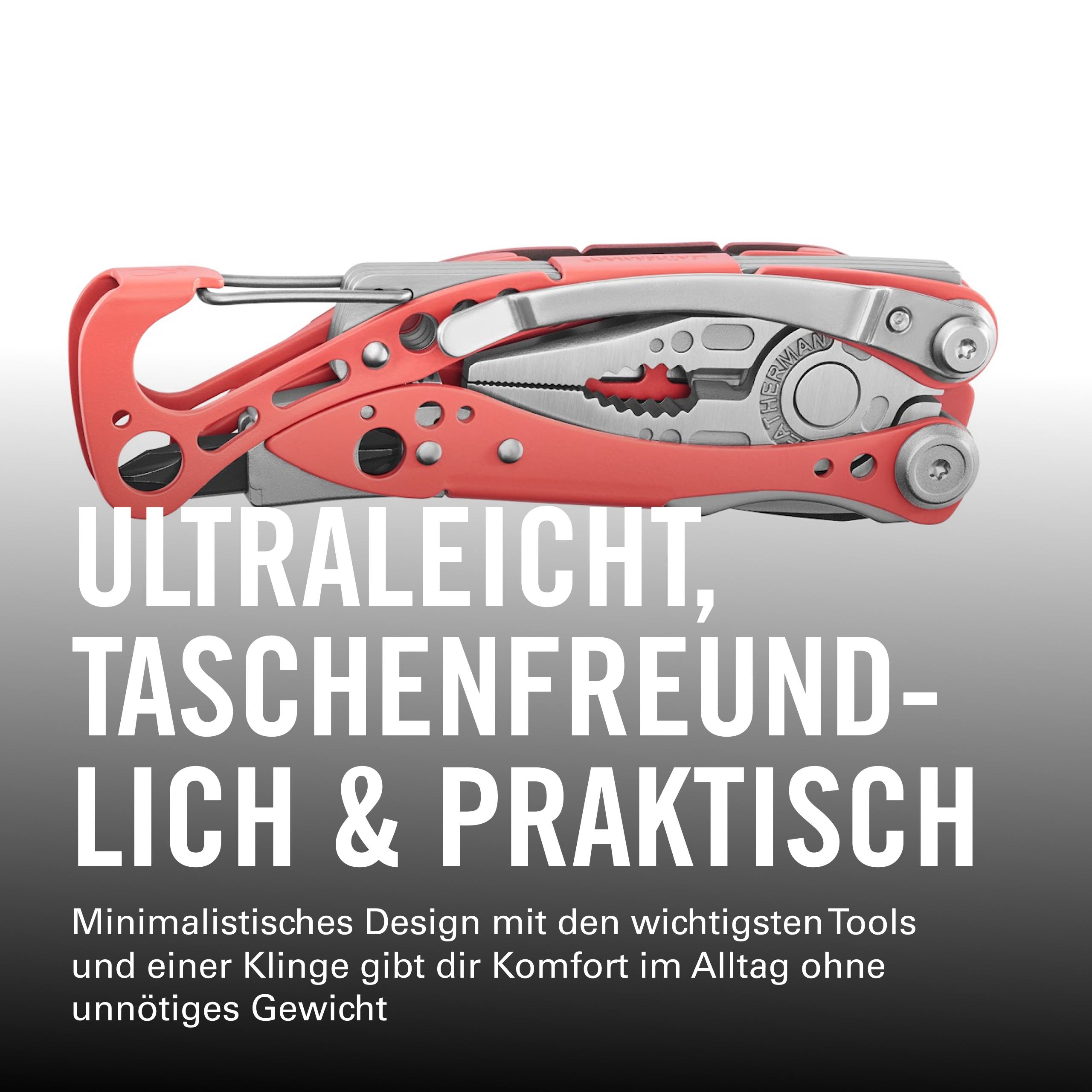 Ein rot-silbernes Multitool mit Zange, Messer und anderen Werkzeugen, vor weiß-grauem Hintergrund mit deutschem Text.