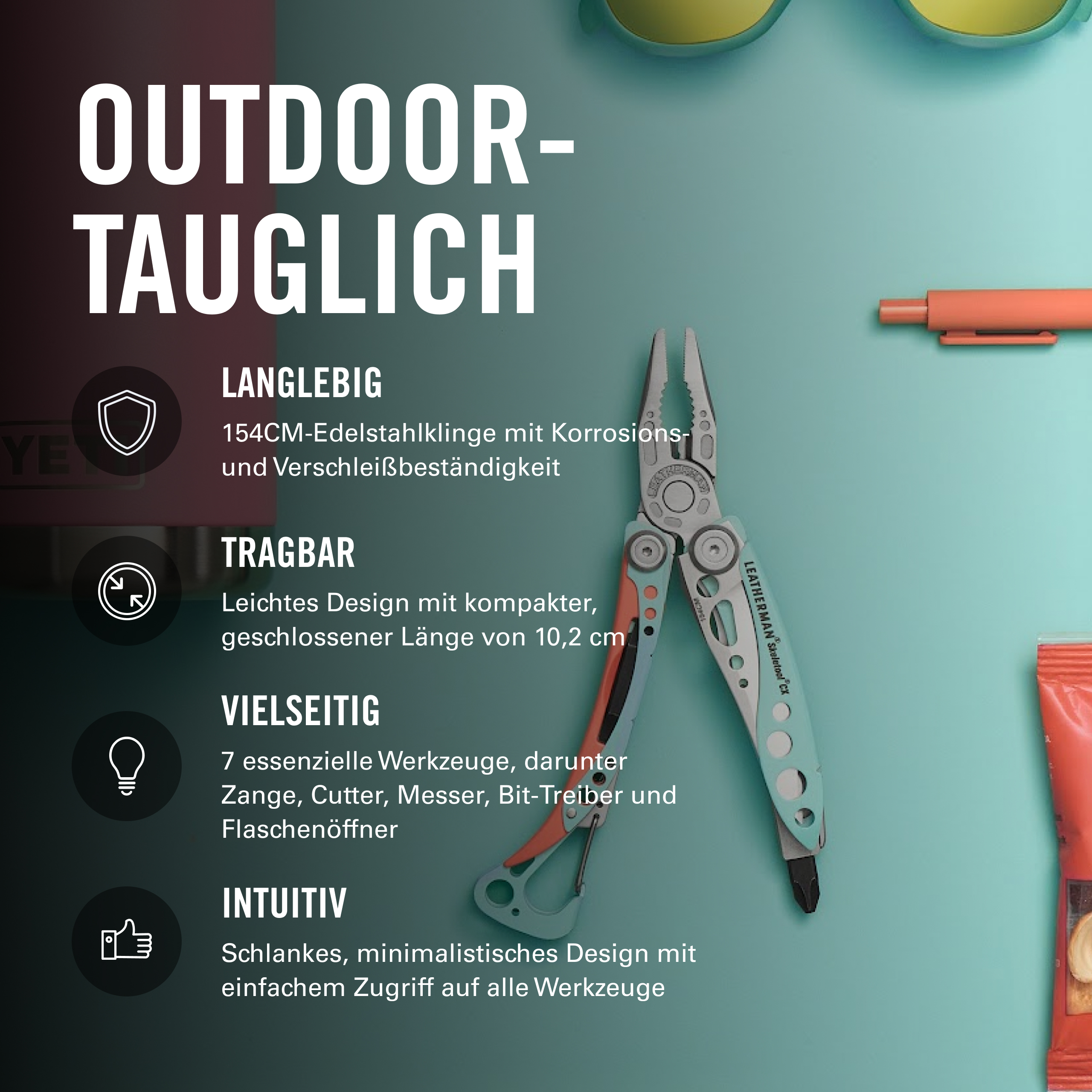 Ein Leatherman Skeletool CX Multitool in Hellblau und Orange, mit Text, der seine Haltbarkeit und Vielseitigkeit beschreibt.