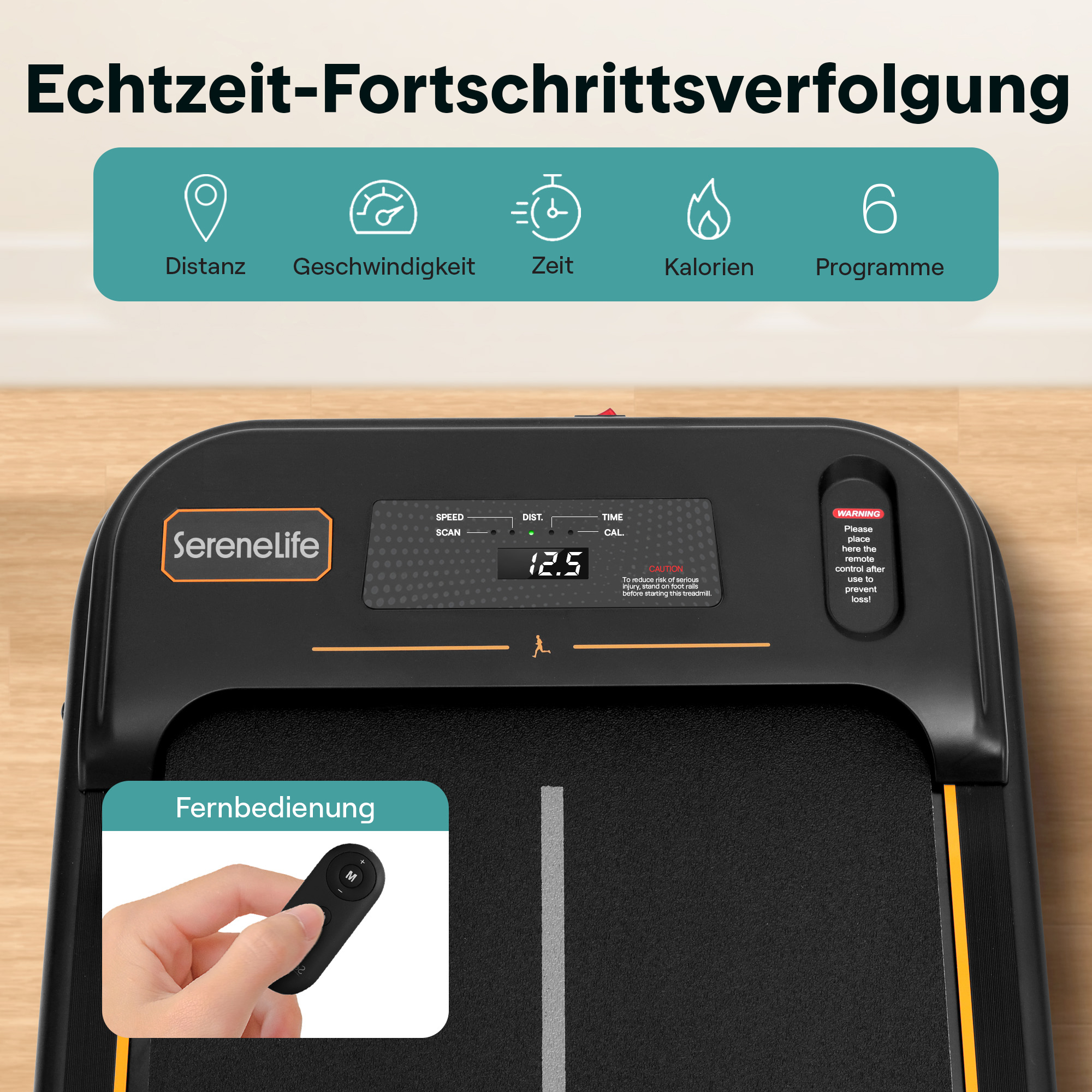 Ein schwarzes Laufband mit Display zeigt Distanz, Zeit und Kalorien an.