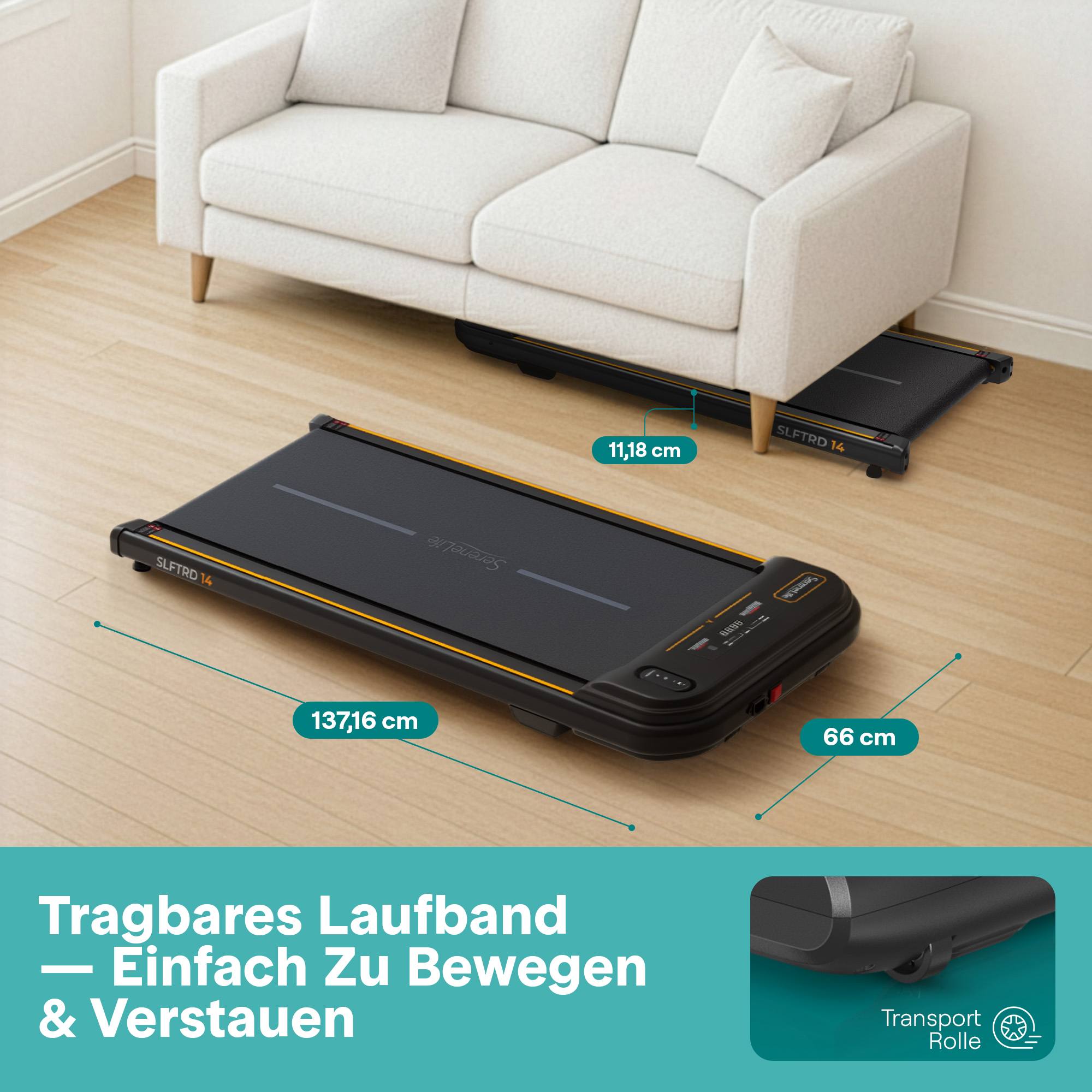 Schwarzes Laufband unter einem Sofa, Maße sind angegeben.