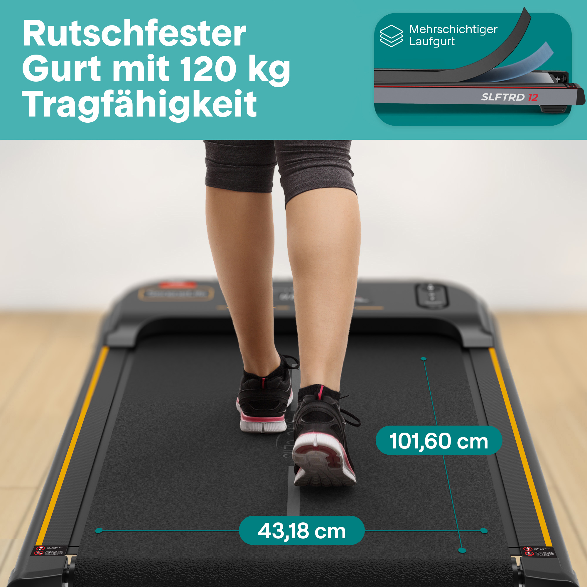 Person auf Laufband mit Maßangaben 43,18 cm und 101,60 cm.