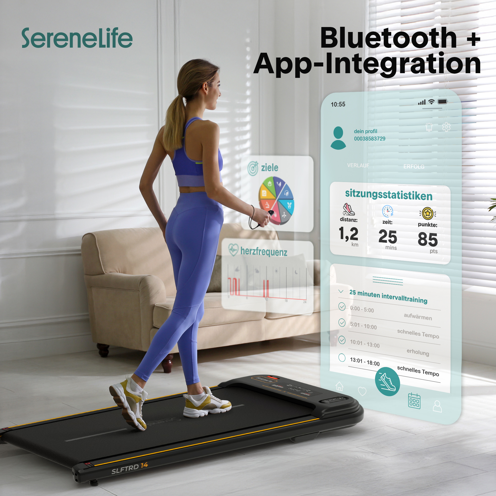 Eine Frau auf einem Laufband, daneben eine App-Anzeige mit Trainingsdaten.