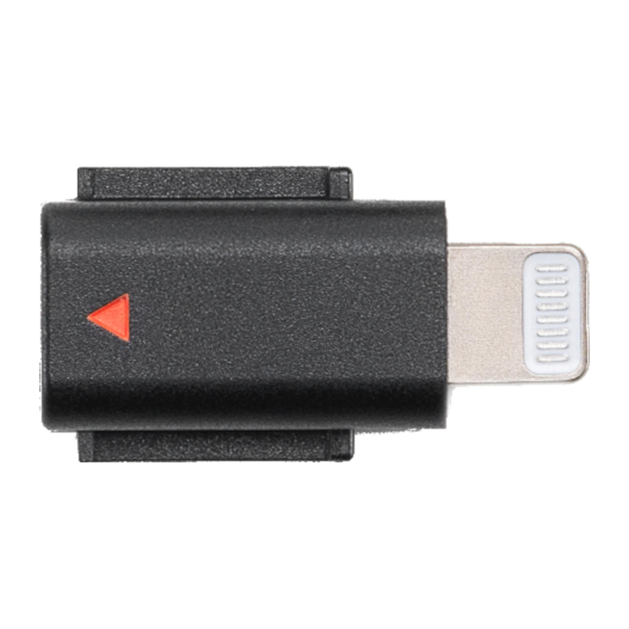 Kırmızı üçgenli ve lightning konnektörlü siyah adaptör.