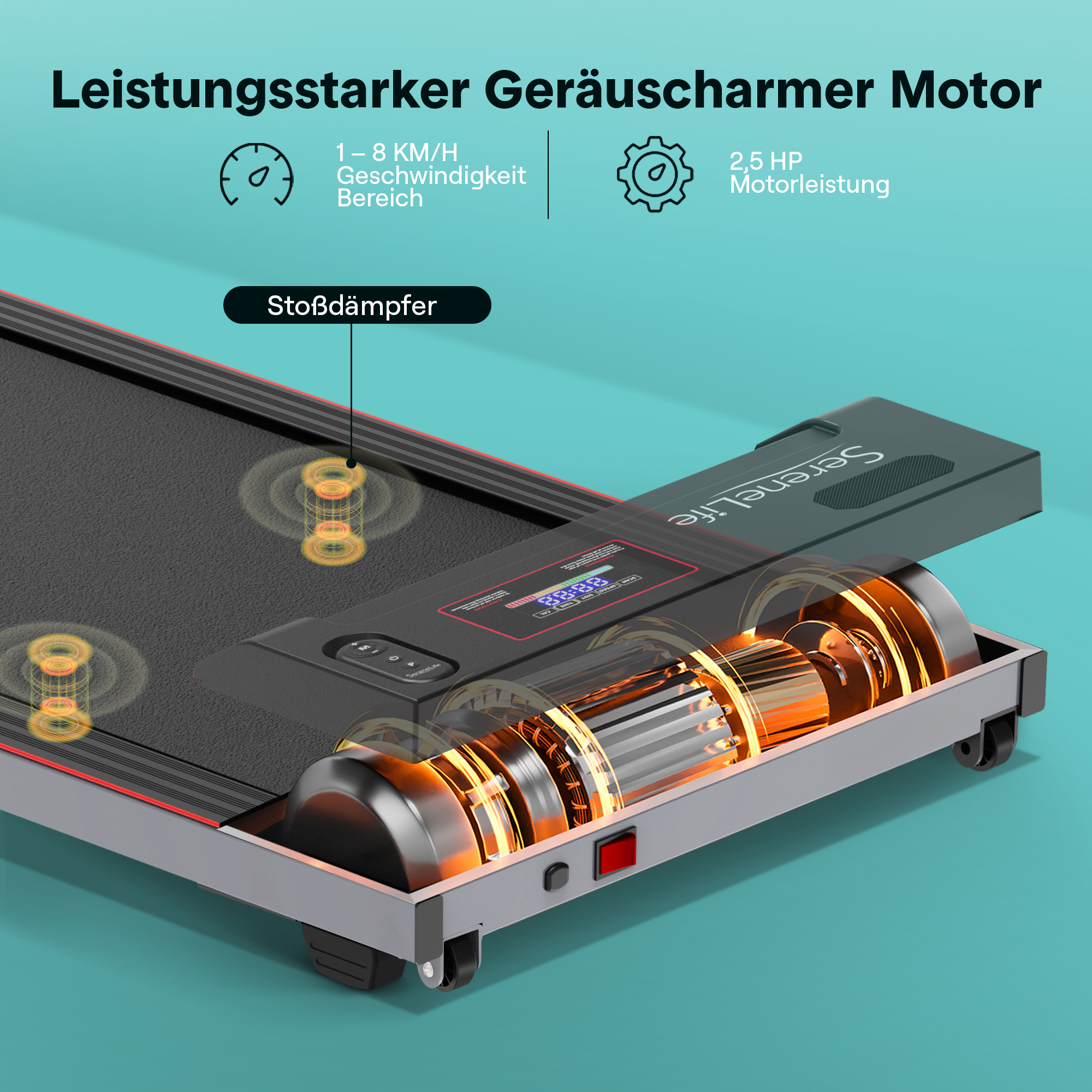 Ein Laufband mit Fokus auf Motor, Geschwindigkeit und Stoßdämpfer.