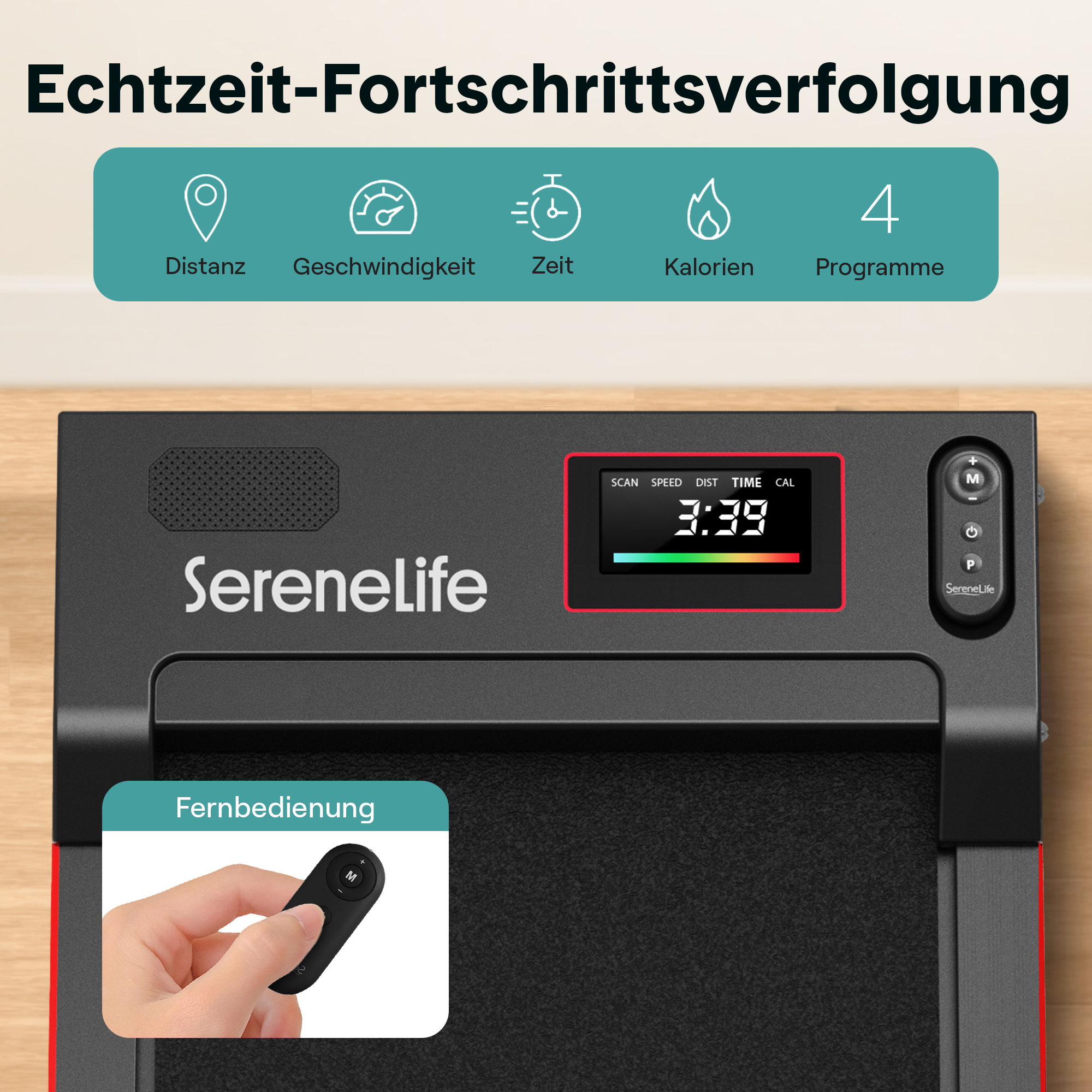 Laufband mit digitaler Anzeige, Fernbedienung und Trainingsanzeigen wie Distanz, Zeit.