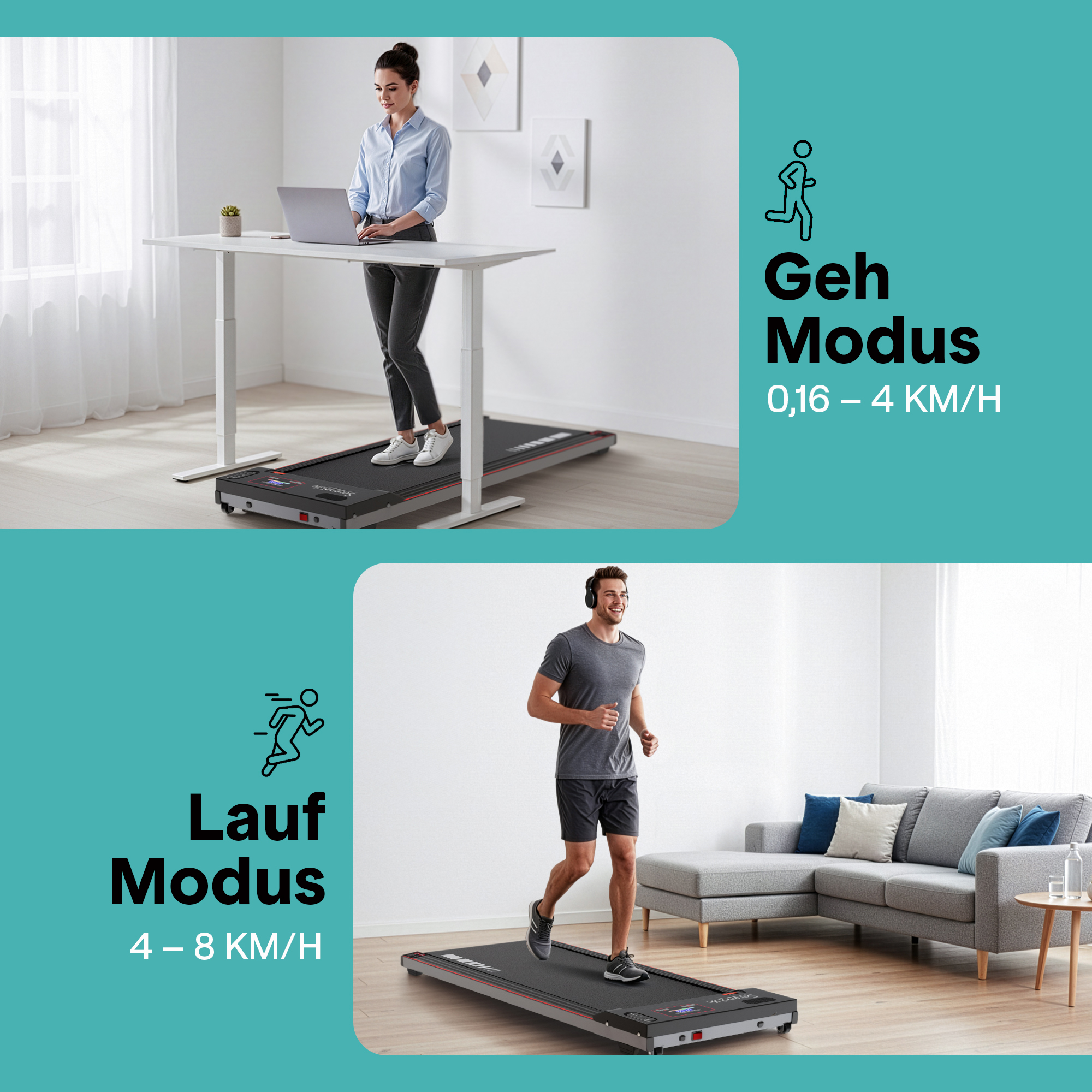 Frau am Laufband mit Laptop, Mann am Laufband mit Kopfhörern. Geh- & Laufmodus.