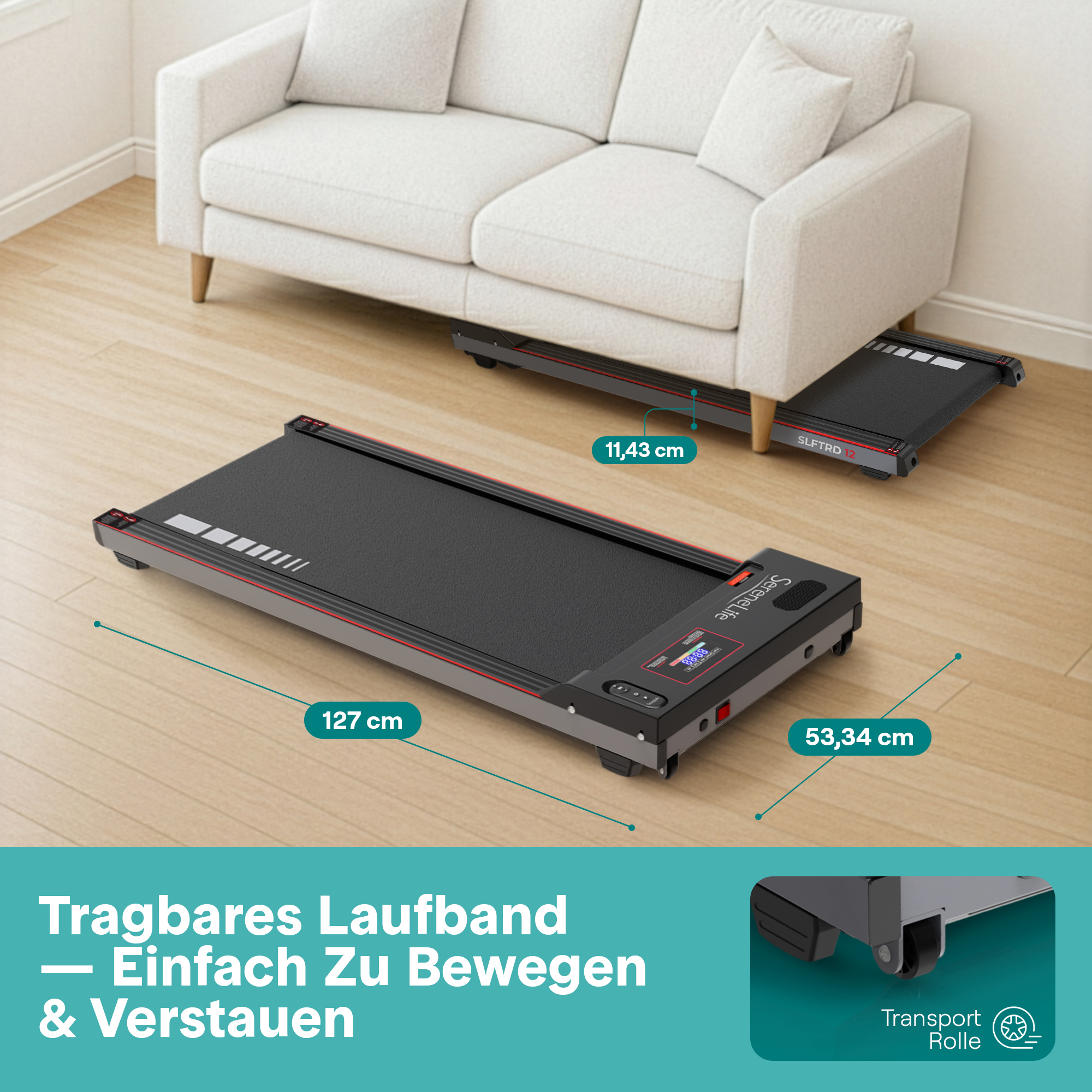 Ein schmales, schwarzes Laufband mit roten Akzenten steht vor einem hellen Sofa.