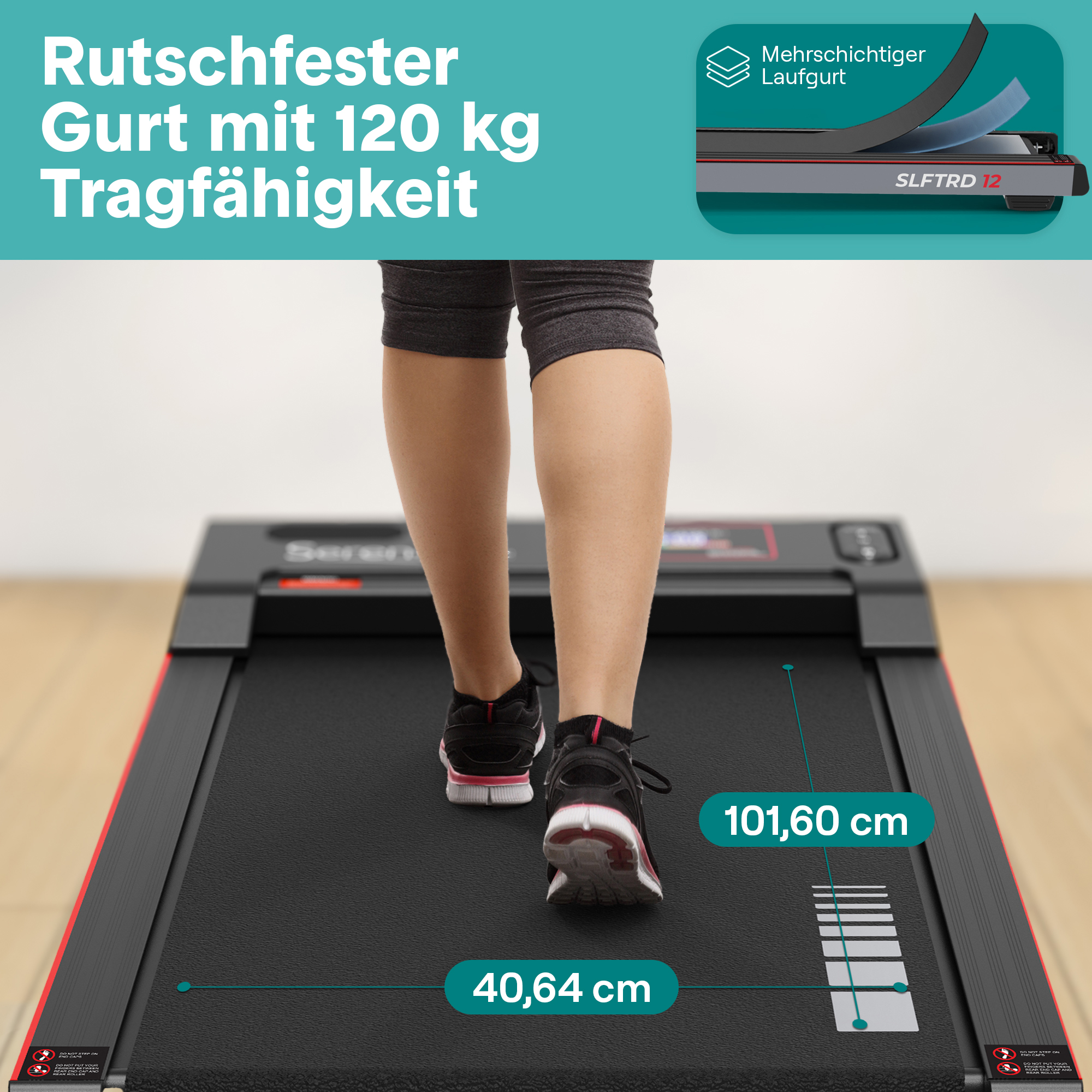 Person auf Laufband mit Maßen 40,64 cm x 101,60 cm.