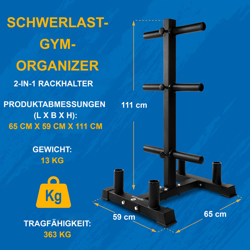 Schwarzer Hantelscheibenständer mit Maßen 65x59x111 cm, Gewicht 13 kg.