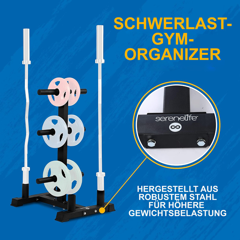 Ein schwarzer Fitness-Organizer mit rosa und weißen Gewichtsscheiben und zwei Langhanteln vor blauem Hintergrund.