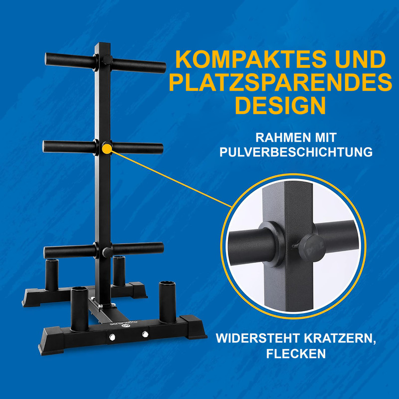 Schwarzer Hantelscheibenständer mit mehreren Ebenen für kompakte Lagerung.