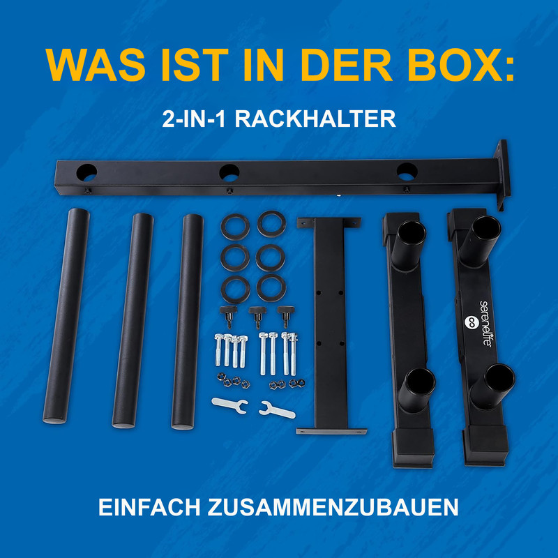 Eine flache Anordnung von schwarzen Metallteilen, Schrauben, Unterlegscheiben und zwei kleinen Schraubenschlüsseln für einen 2-in-1-Rackhalter auf blauem Hintergrund.