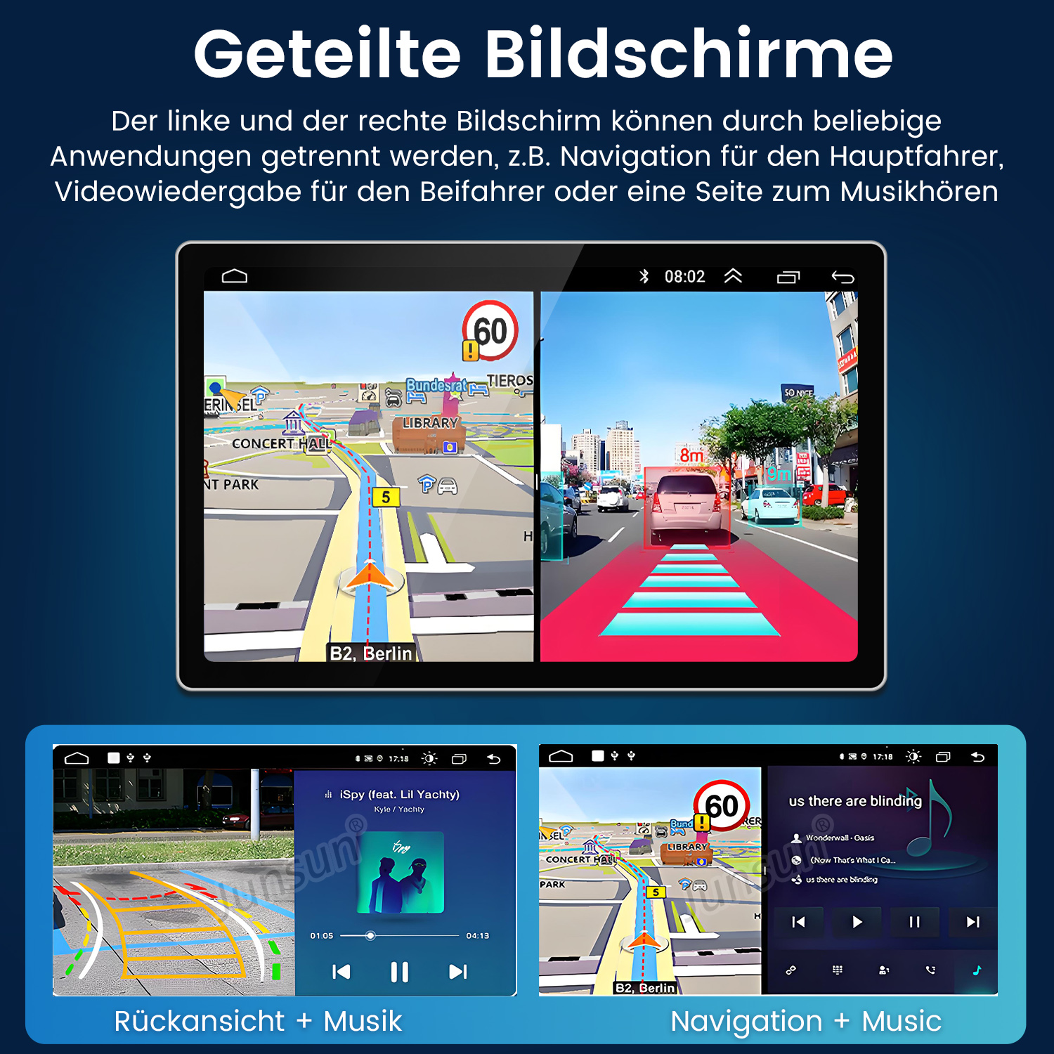 Geteilter Bildschirm: Navigation links, Straßenansicht rechts. Unten: Rückansicht und Musikplayer.