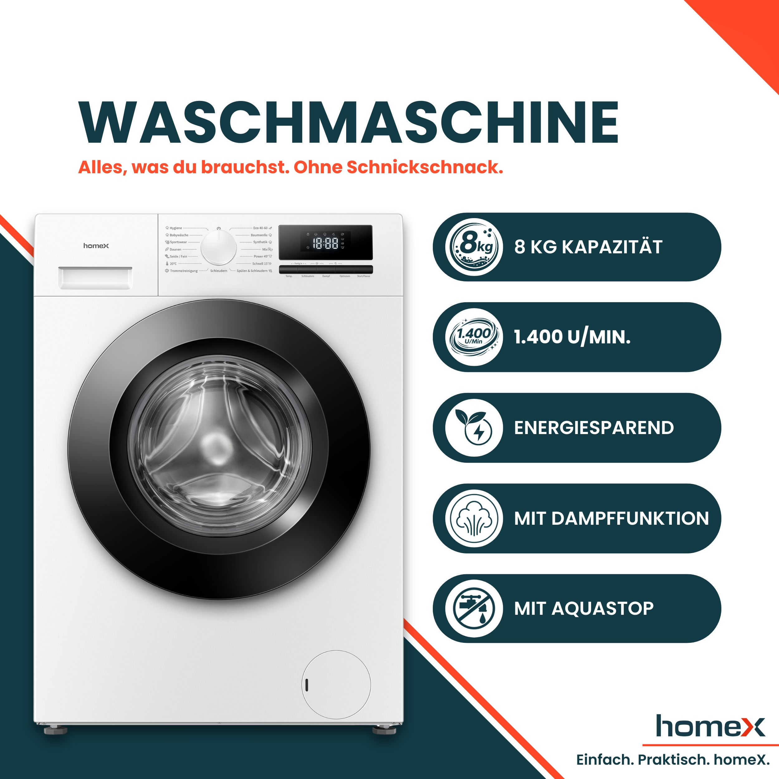 Weiße Waschmaschine mit schwarzer Tür und Bedienfeld. Merkmale: 8kg Kapazität, 1400 U/min, Energiesparend, Dampf, Aquastop.