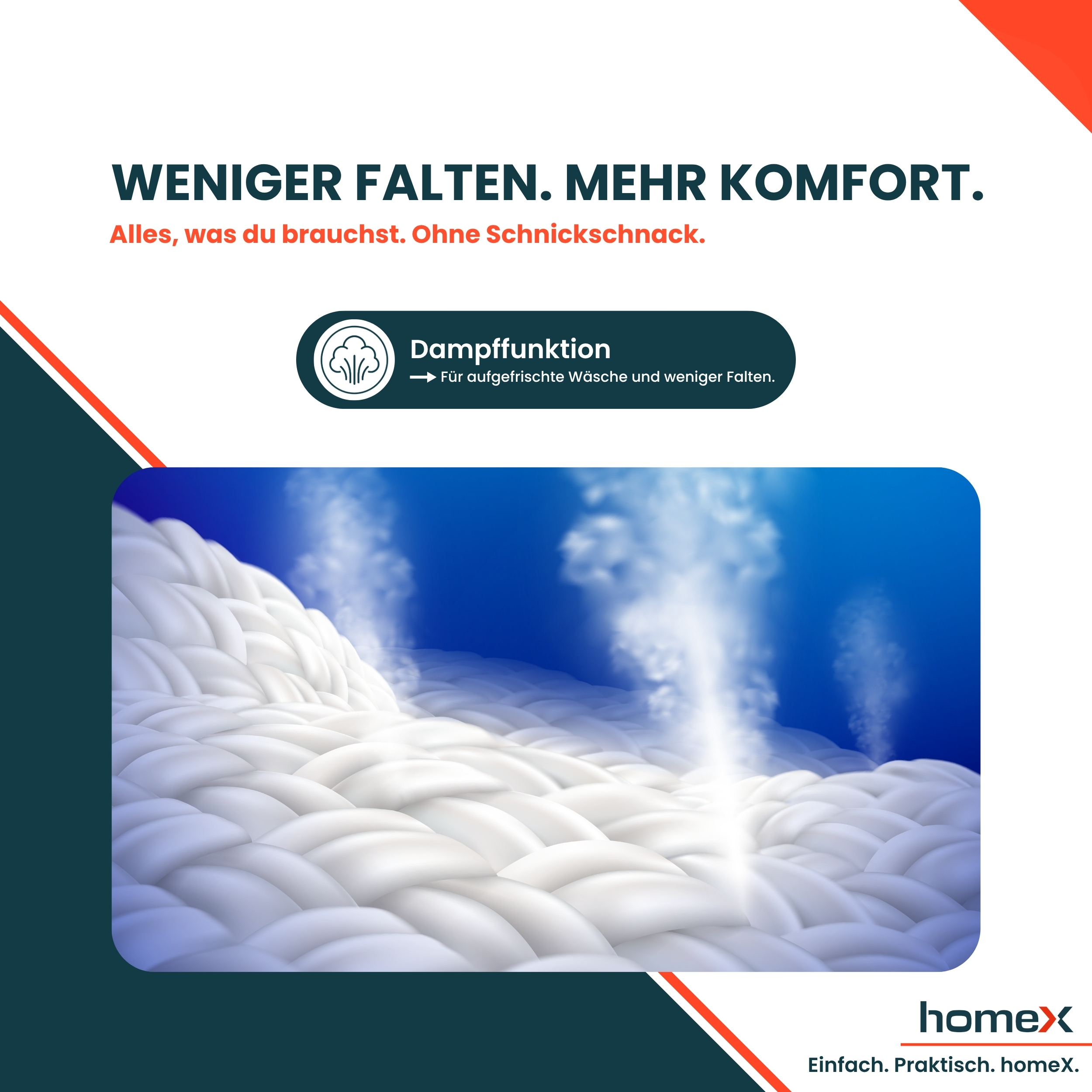 Wasserdampf steigt aus weißem Stoff auf, der mit Faltenreduzierung wirbt.