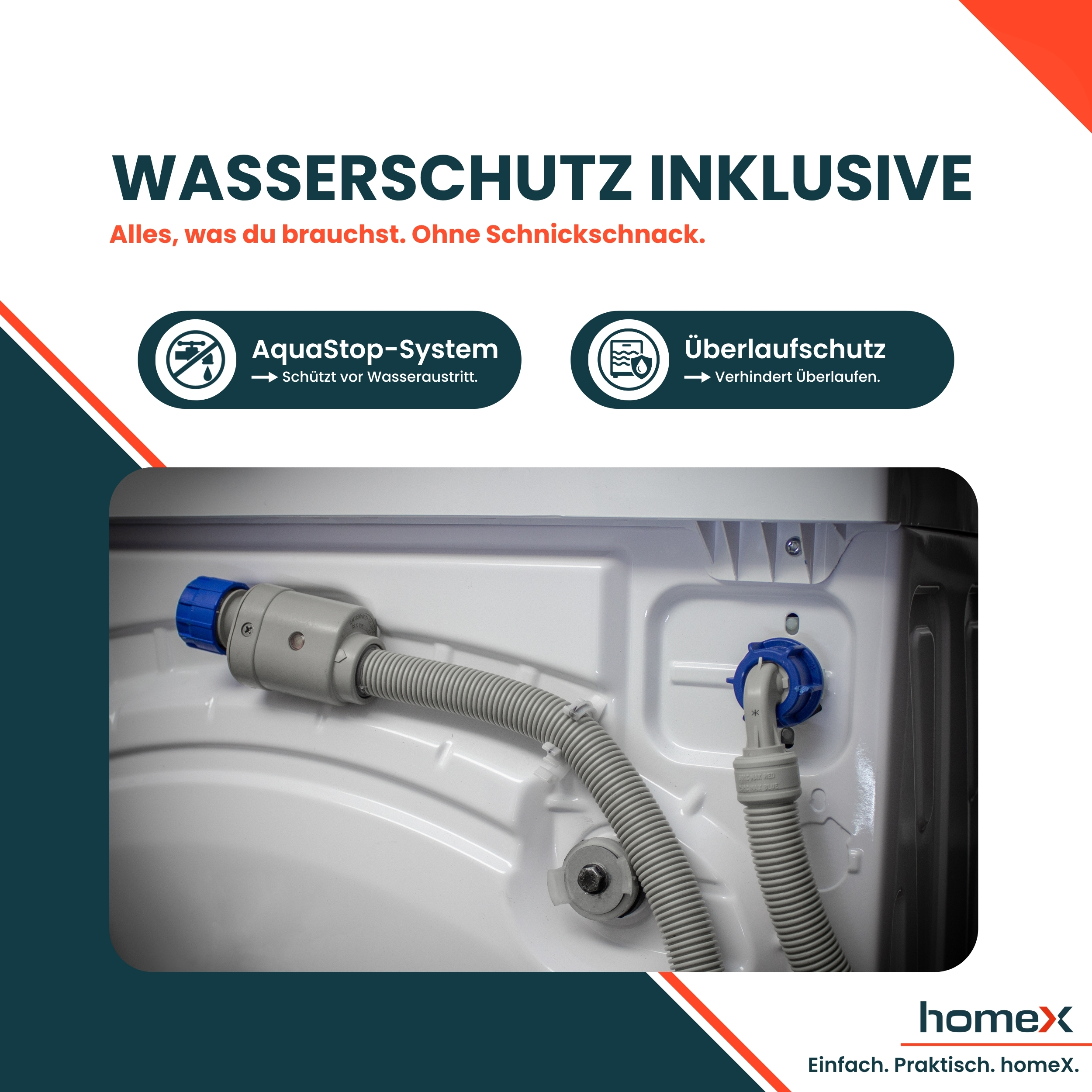 Nahaufnahme von Waschmaschinenanschlüssen mit AquaStop und Überlaufschutz.