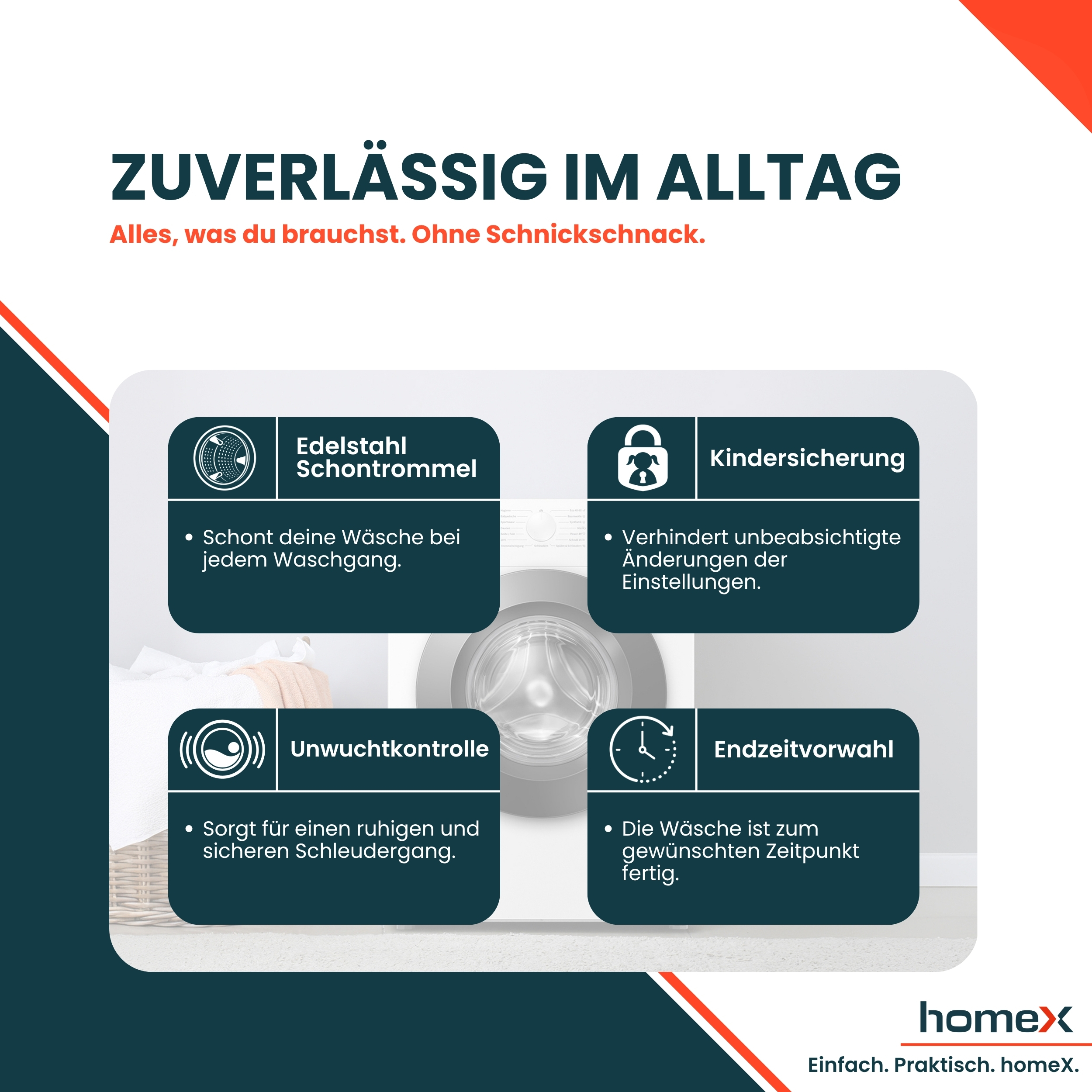 Waschmaschine mit Funktionen: Edelstahlschontrommel, Kindersicherung, Unwuchtkontrolle, Endzeitvorwahl.