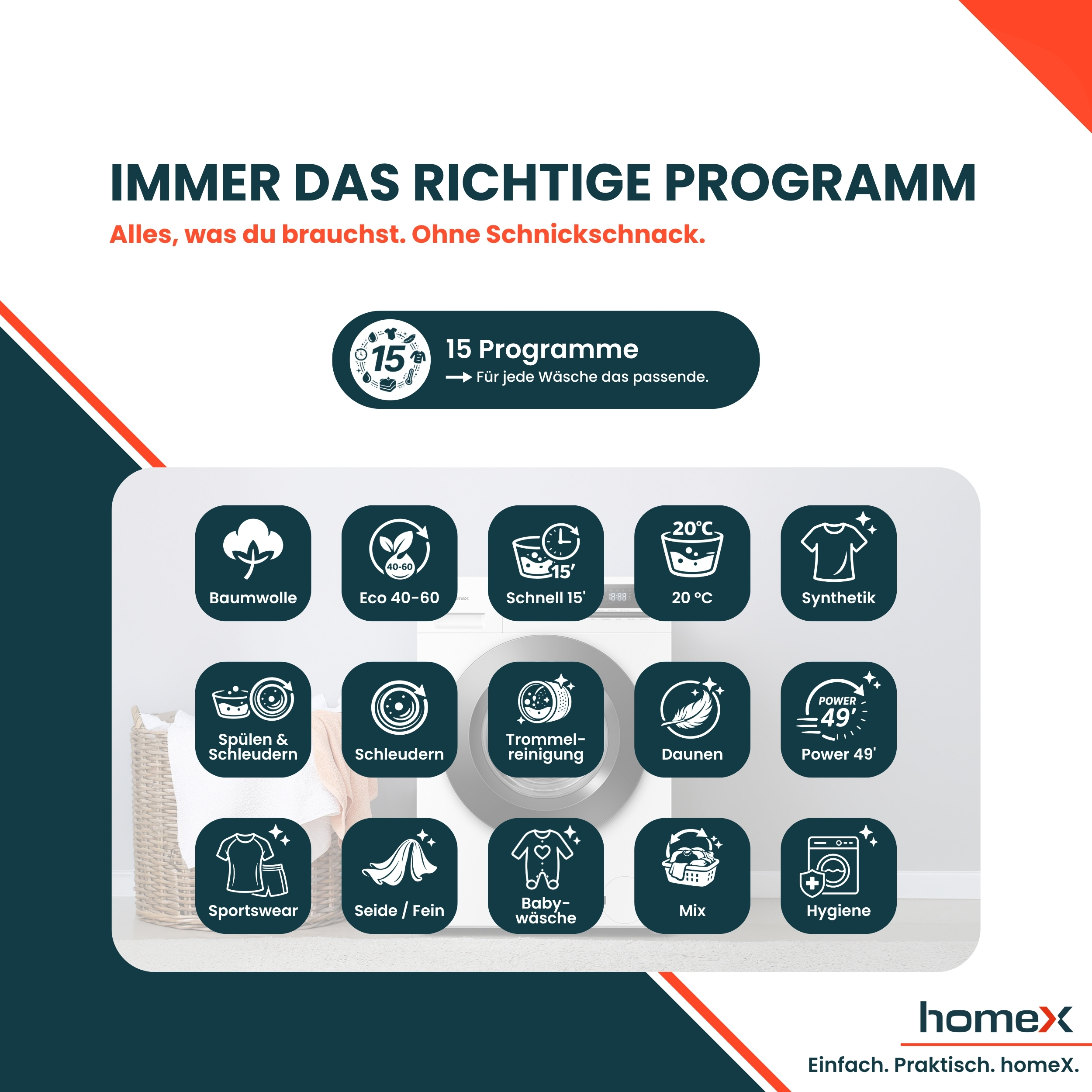 Übersicht von Waschprogrammen: Baumwolle, Eco 40-60, Schnell 15', 20°C, Synthetik, Spülen & Schleudern, Schleudern, Trommelreinigung, Daunen, Power 49'.